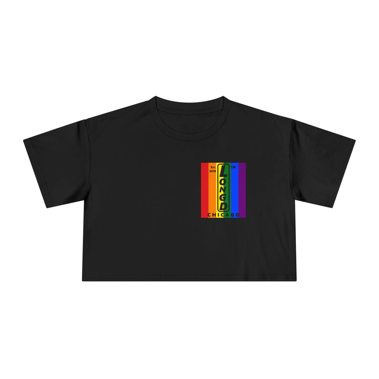 Negative vertical 6-striped upright single-breasted Chicago logo crop tee (Pride colors)