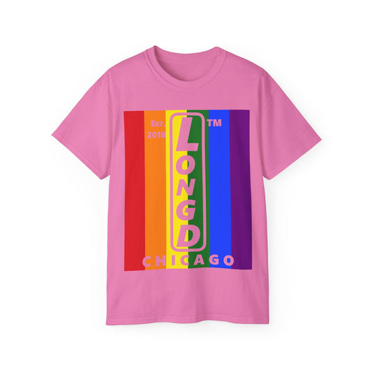 LongD Cotton Tee negative vertical striped Chicago upright logo (Pride colors)