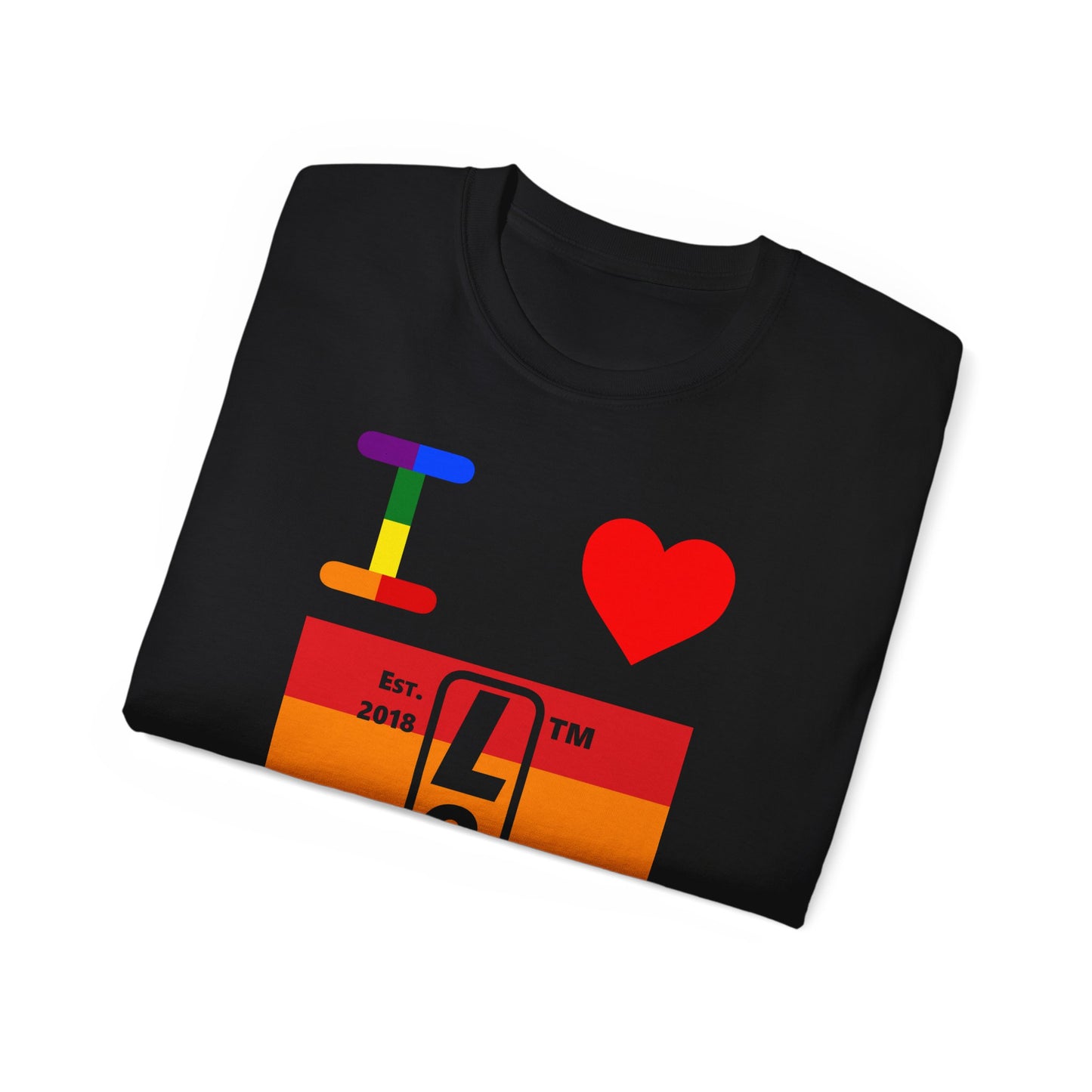I Luv LongD Cotton Tee negative horizontal striped Hyde Park upright logo (Pride colors)