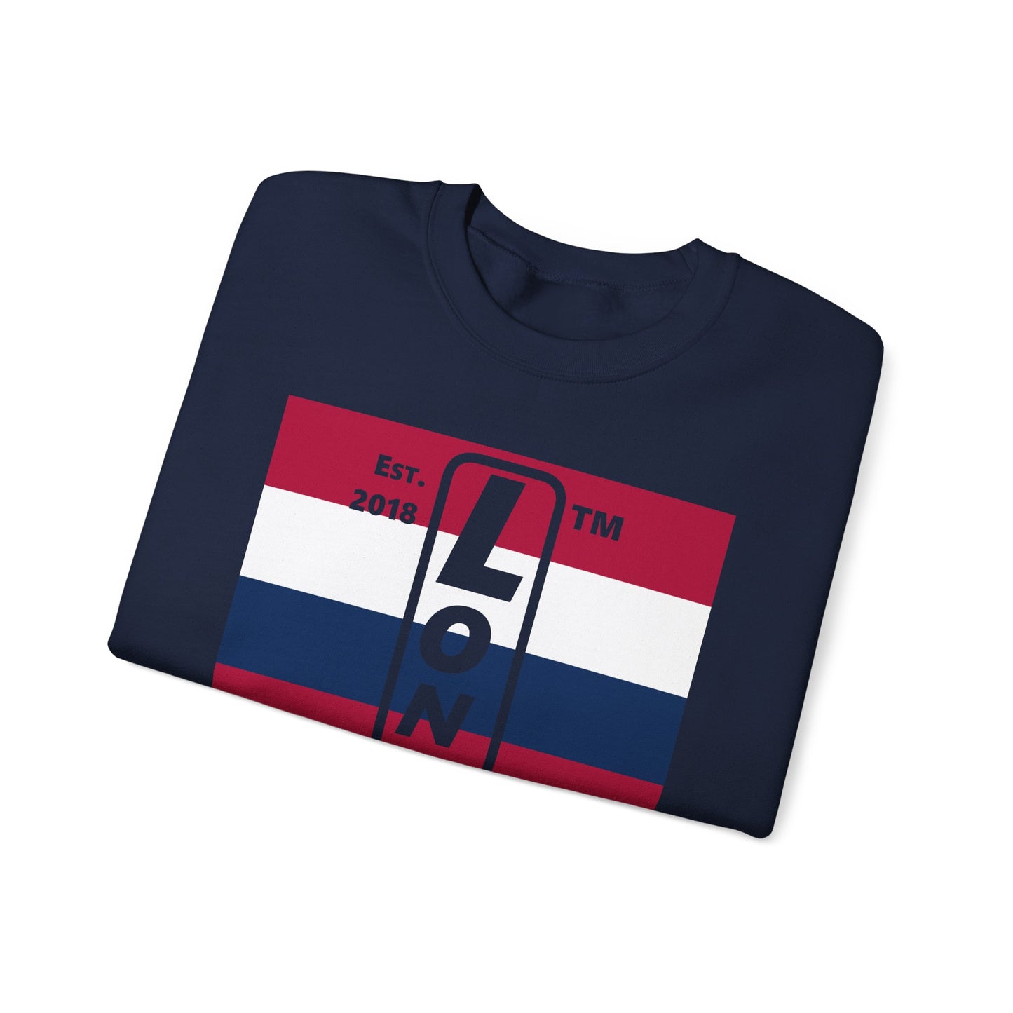 LongD negative horizontal 6-striped Hyde Park upright logo crewneck sweatshirt (patriotic colors)