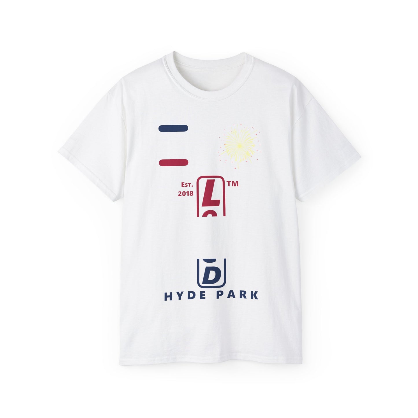 I Burst LongD cotton tee positive horizontal 3-striped Hyde Park upright logo (Patriotic colors)