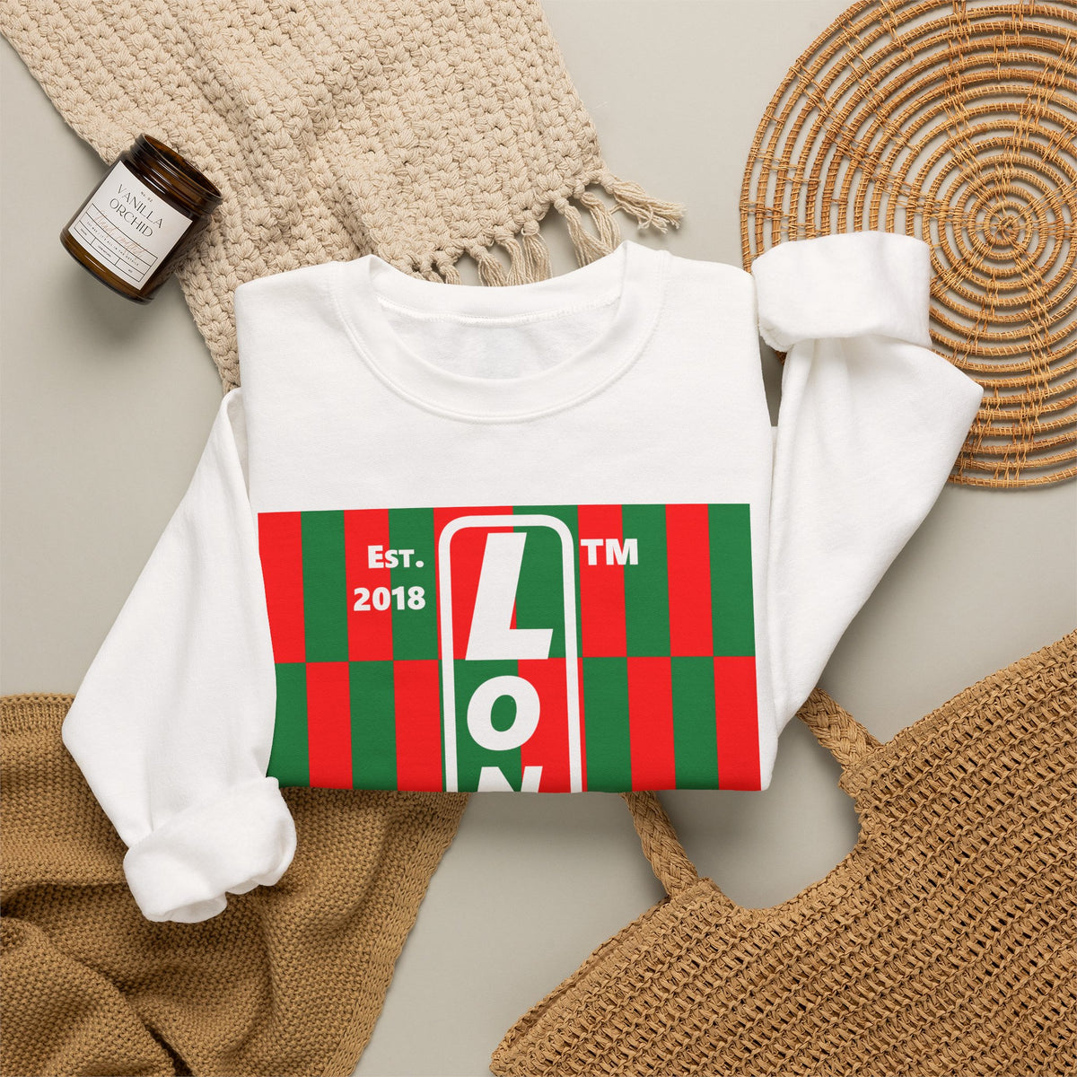 LongD Hyde Park negative upright tiled logo (Xmas colors) crewneck sweatshirt