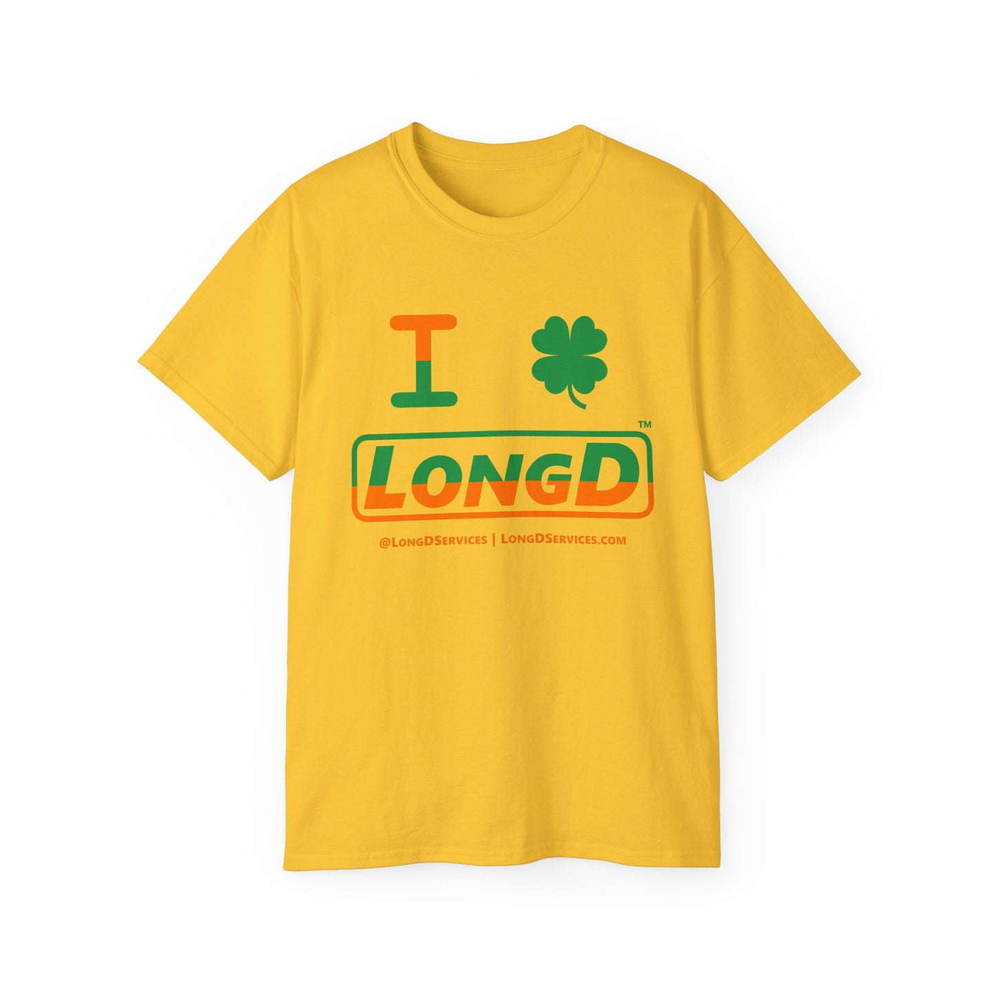 I Clover LongD® Logo Cotton Tee (St. Patrick's Day -Irish Green and Irish Orange top-bottom split with 4-leaf clover)