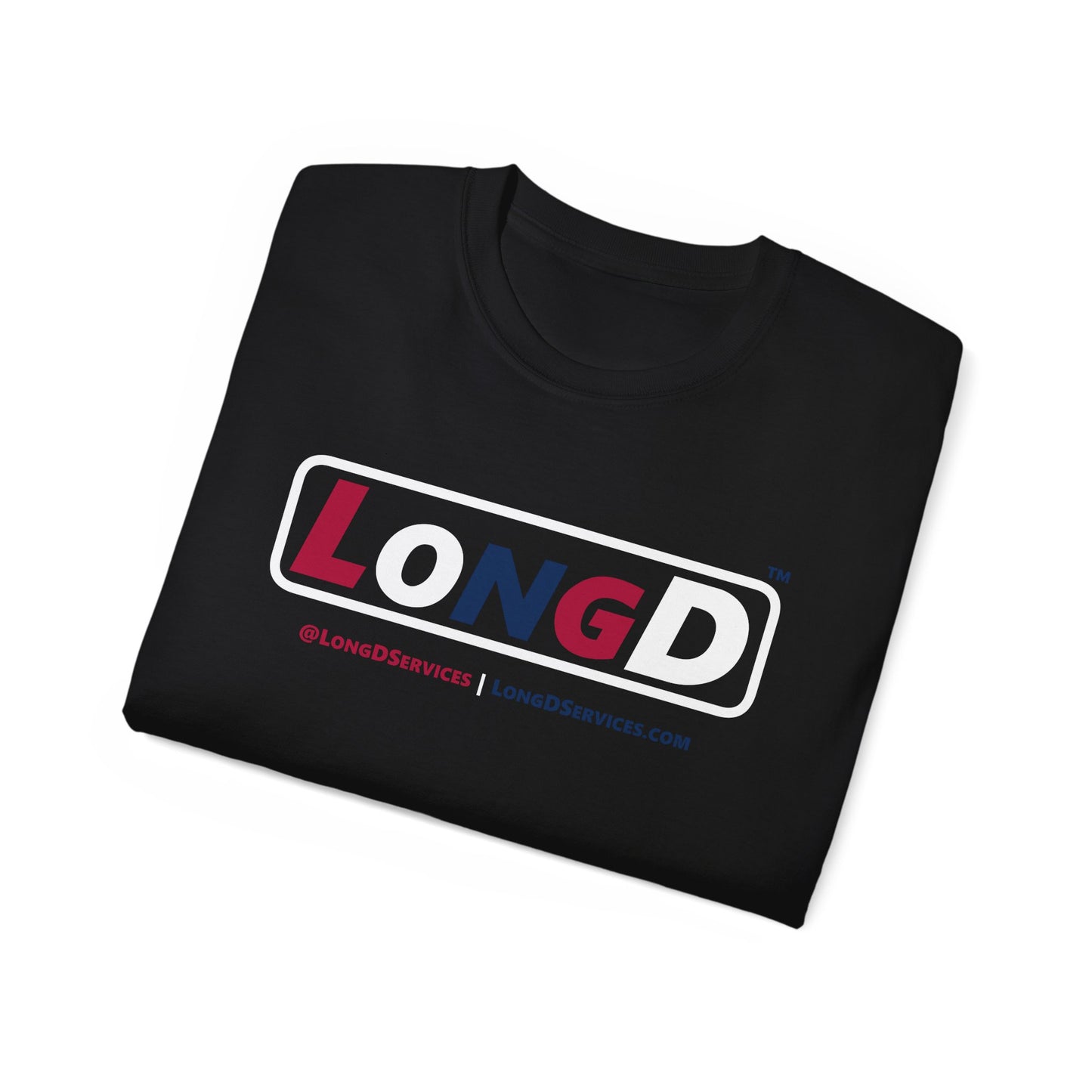 LongD® Logo Cotton Tee Red, White and Blue positive varied elements text