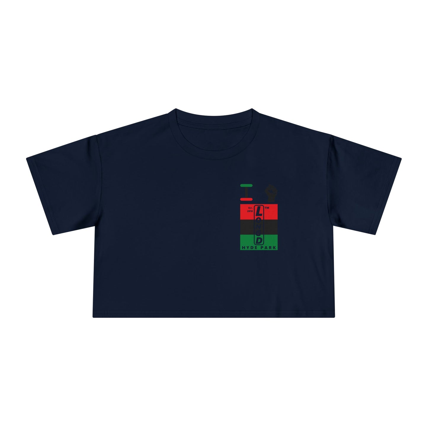 I fist LongD negative horizontal 3-striped upright single-breasted Hyde Park logo crop tee (Juneteenth colors)