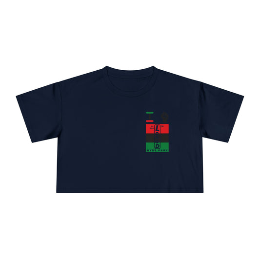 I fist LongD negative horizontal 3-striped upright single-breasted Hyde Park logo crop tee (Juneteenth colors)