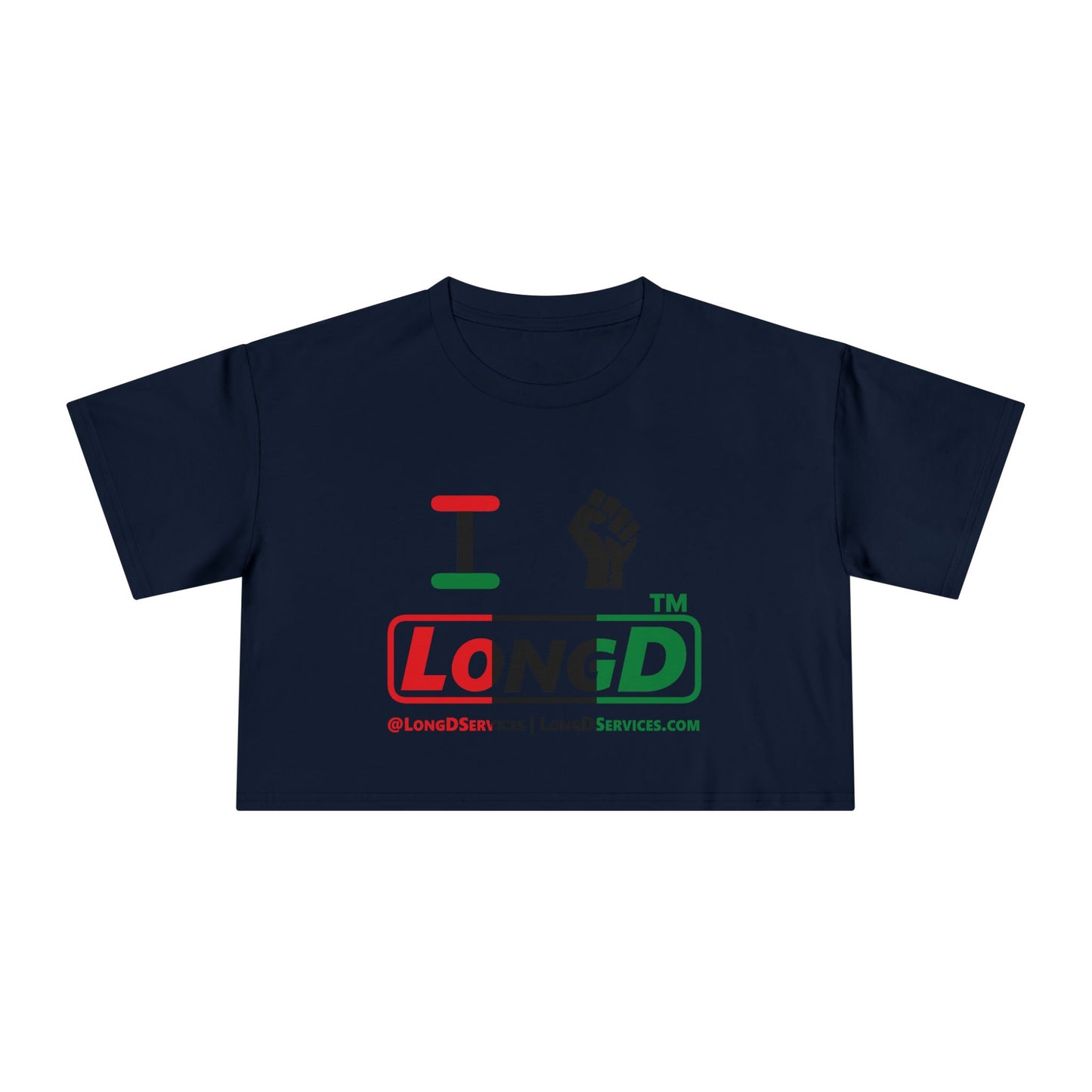 I fist LongD positive vertical 3-striped tag-domain logo crop tee