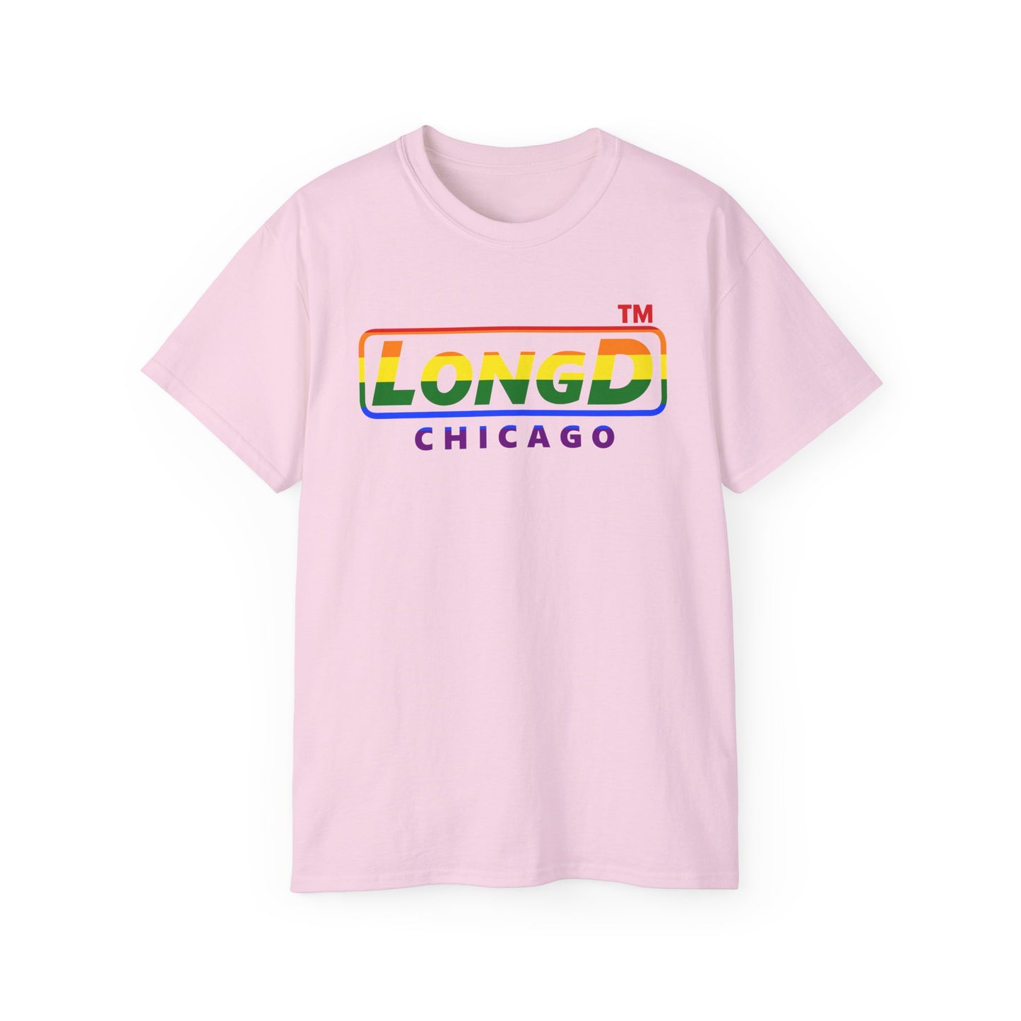 LongD positive vertical striped front-back Chicago logo cotton tee (Pride colors)