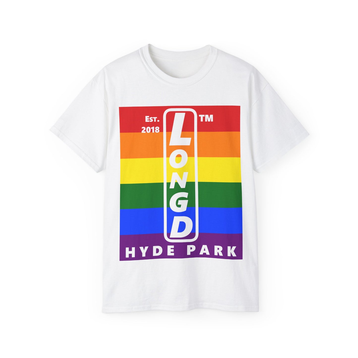 LongD Cotton Tee negative horizontal striped Hyde Park upright logo (Pride colors)