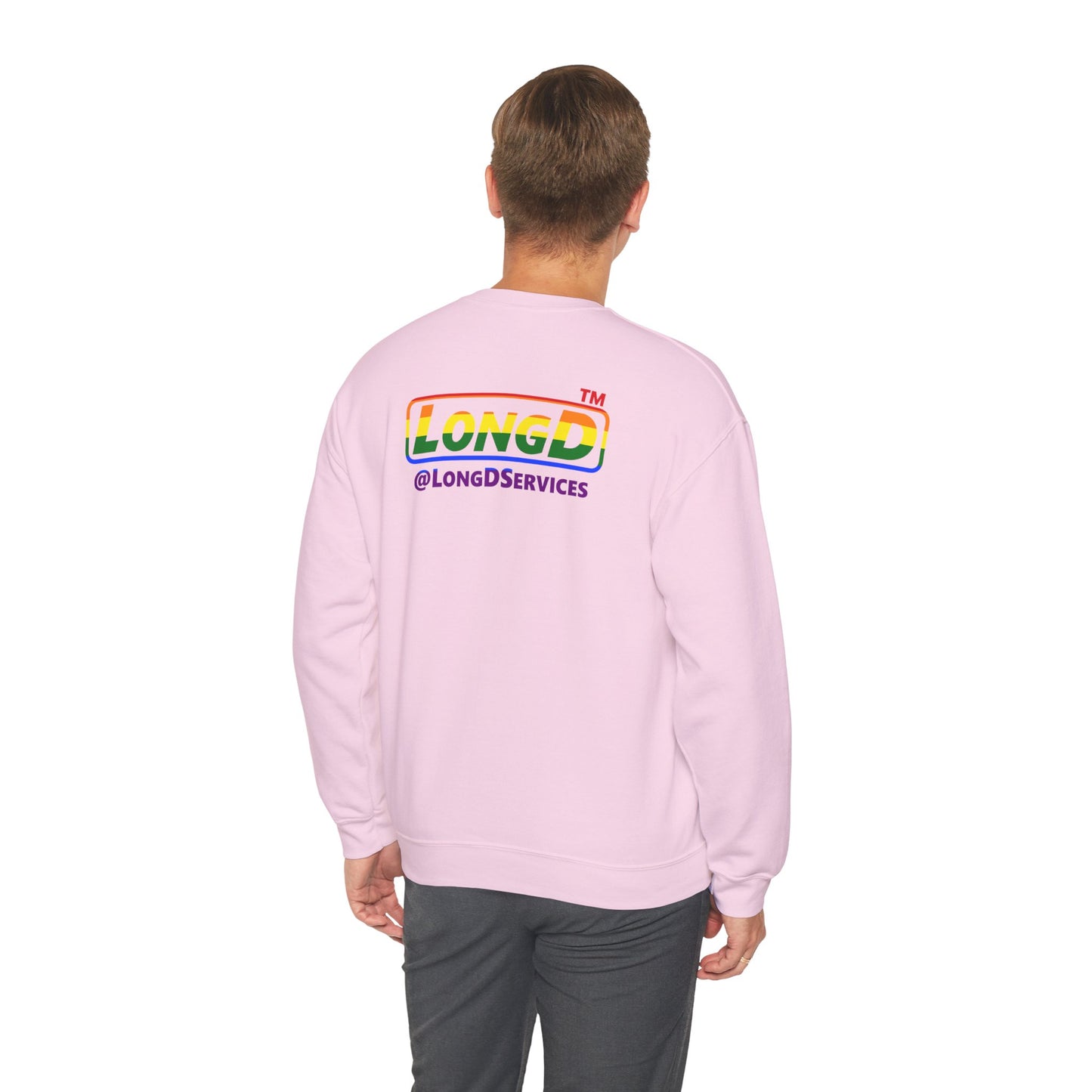 I Luv LongD positive horizontal striped front-back Chicago logo crewneck sweatshirt (Pride colors)
