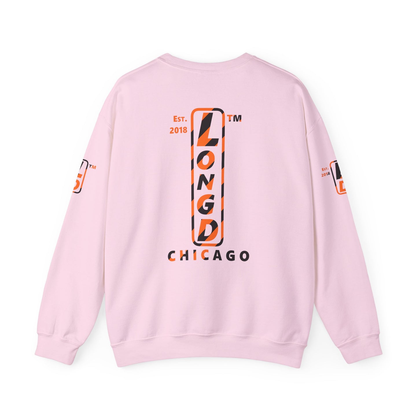 LongD Chicago positive upright pixel-weighted 12-striped 4-print logo (Halloween colors) crewneck sweatshirt
