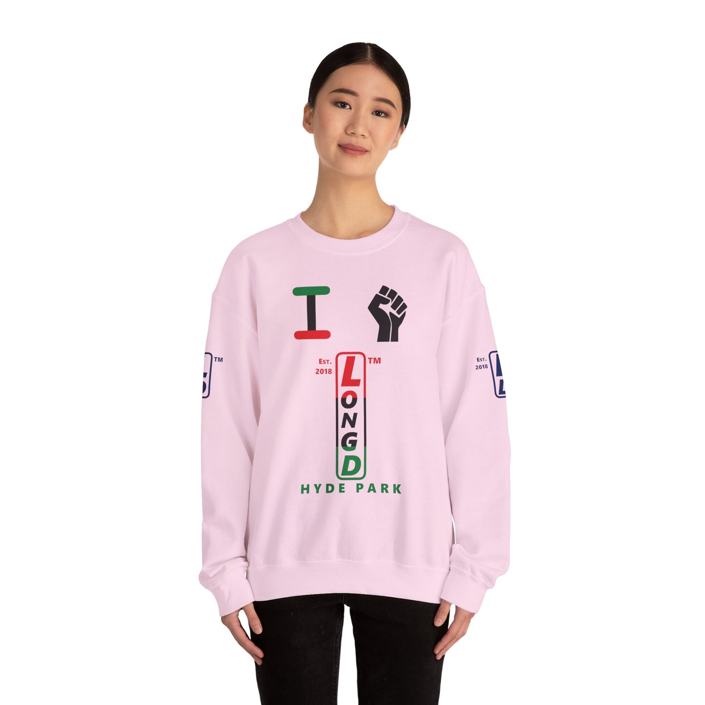I Fist LongD positive horizontal 6-striped Hyde Park upright 4-print logo crewneck sweatshirt