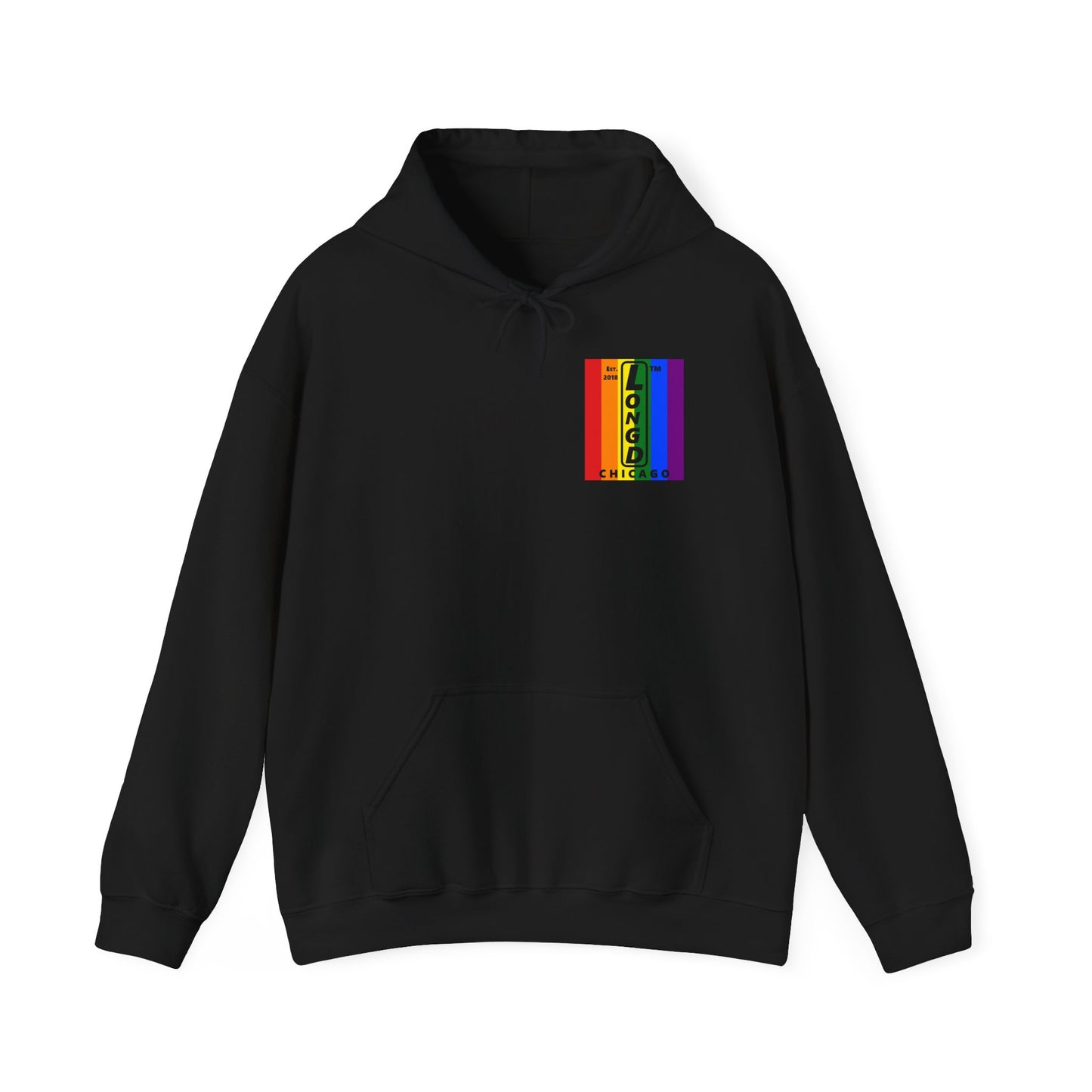 LongD single-breasted negative vertical 6-striped front-back upright Chicago logo hoodie (Pride colors)