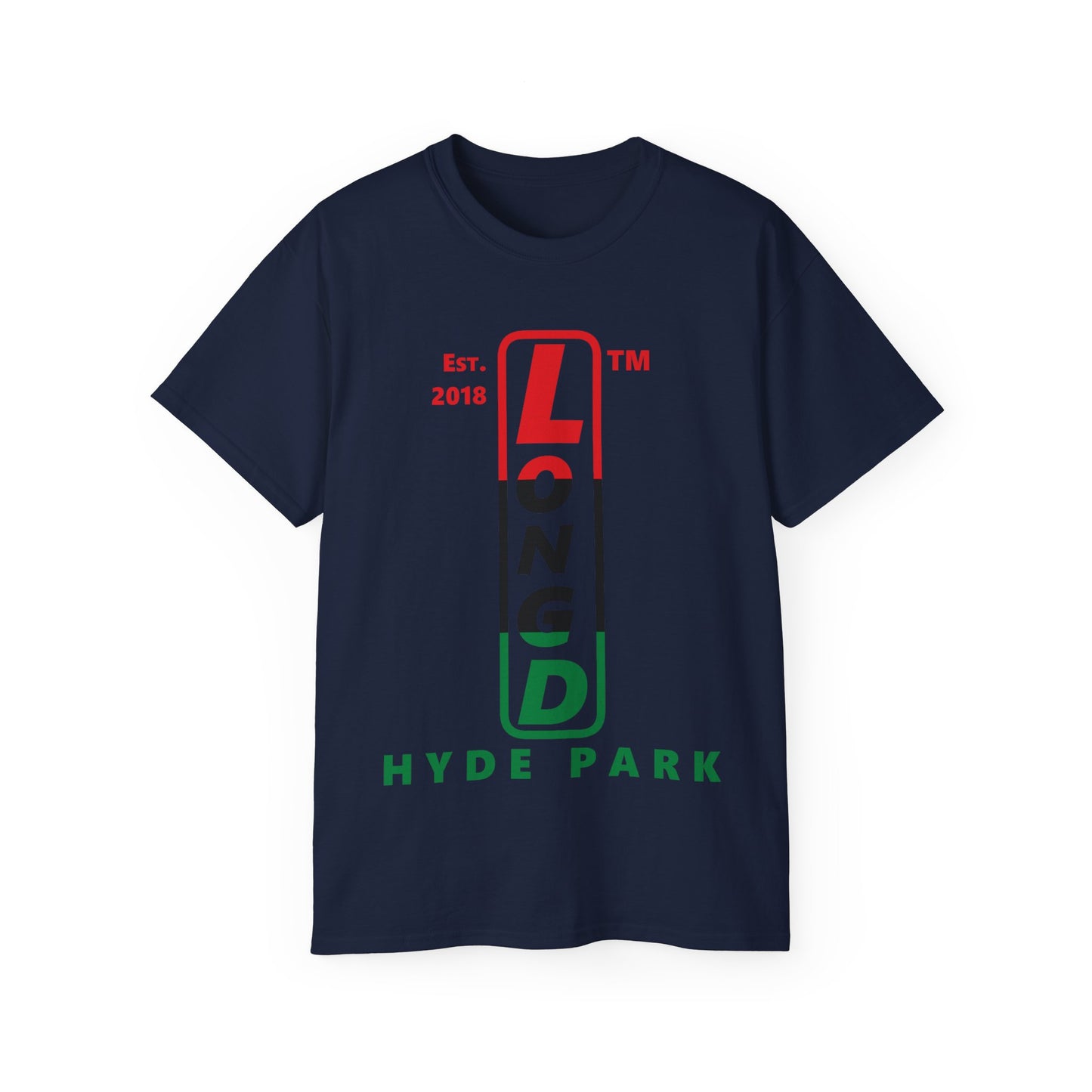 LongD Cotton Tee positive horizontal striped Hyde Park upright logo (Juneteenth colors)