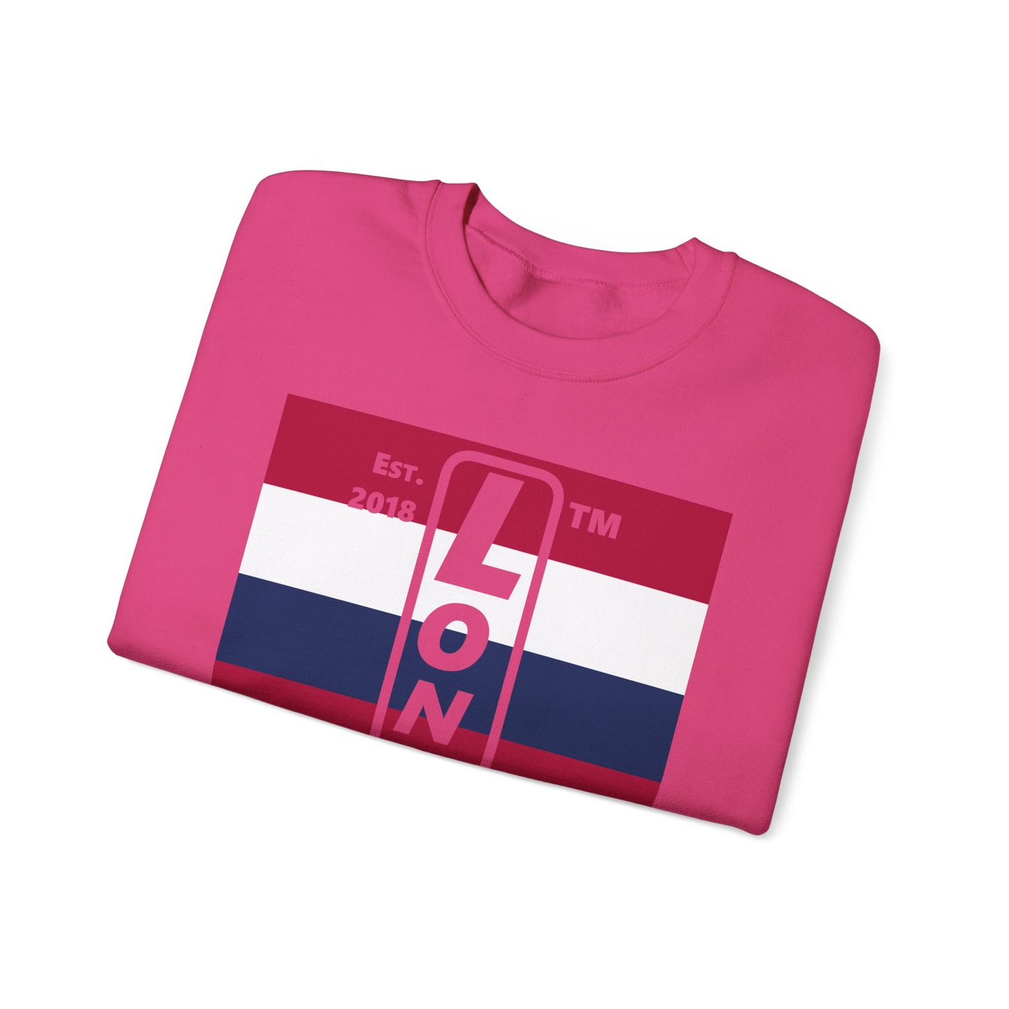 LongD negative horizontal 6-striped Hyde Park upright logo crewneck sweatshirt (patriotic colors)