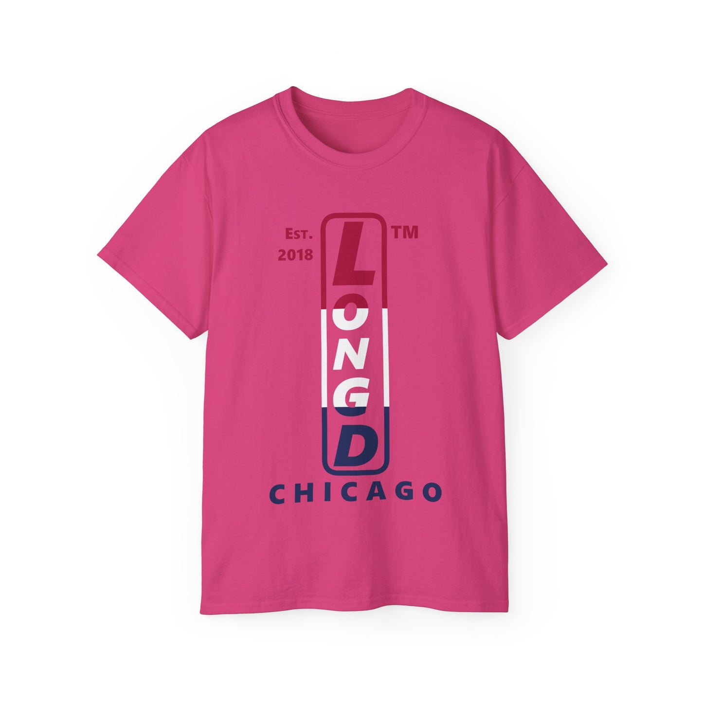 LongD cotton tee positive horizontal 3-striped Chicago upright logo (Patriotic colors)