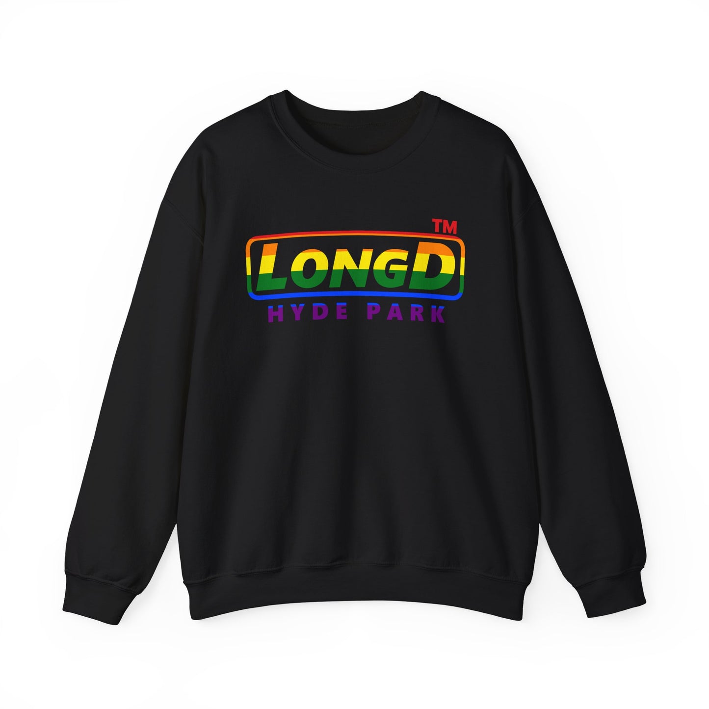 LongD positive horizontal striped front-back Hyde Park logo crewneck sweatshirt (Pride colors)
