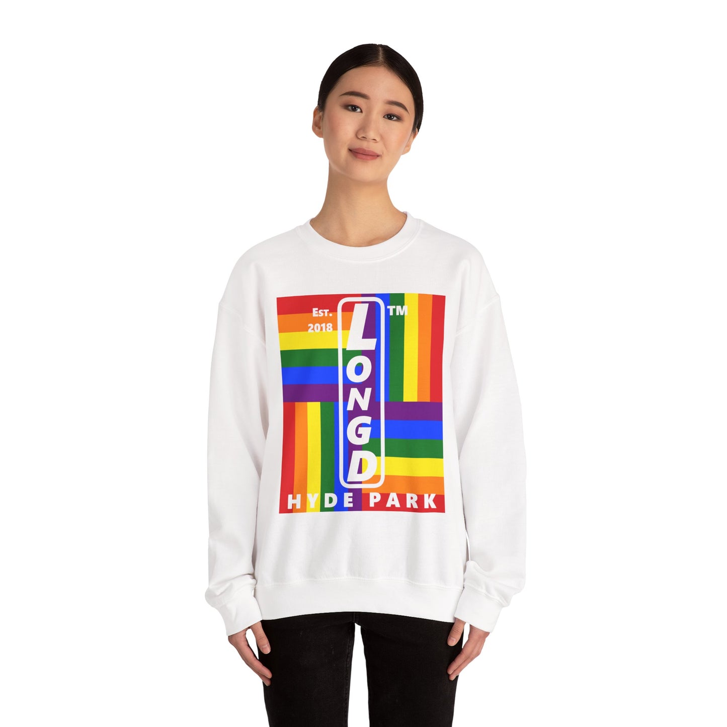 LongD negative windmill Hyde Park upright logo crewneck sweatshirt (Pride colors)