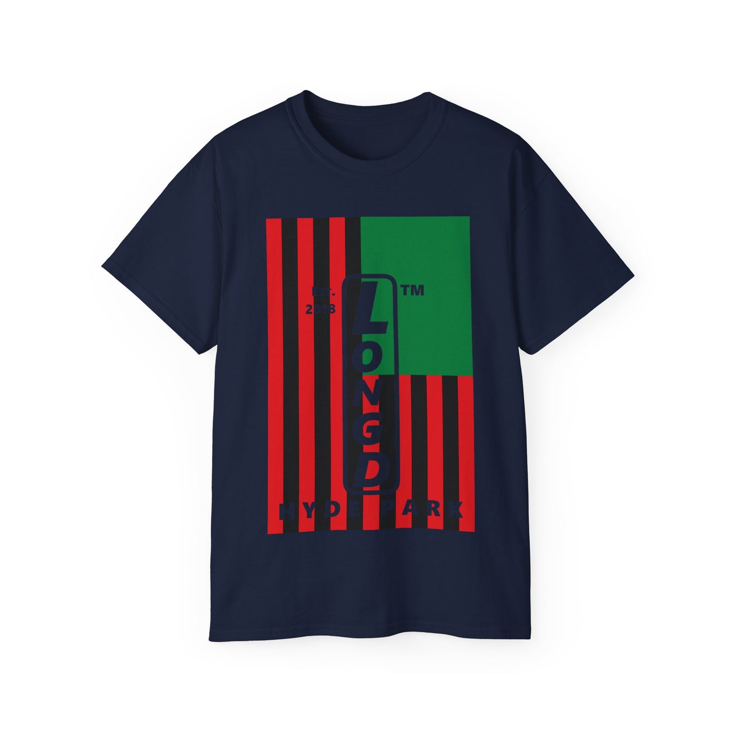 LongD Cotton Tee negative flag Hyde Park upright logo (Juneteenth colors)