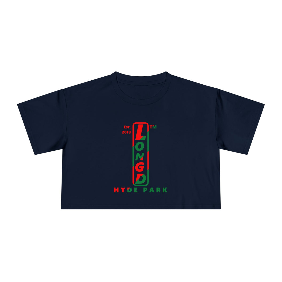LongD Hyde Park positive upright pixel-weighted 4-striped logo (Xmas colors) crop tee