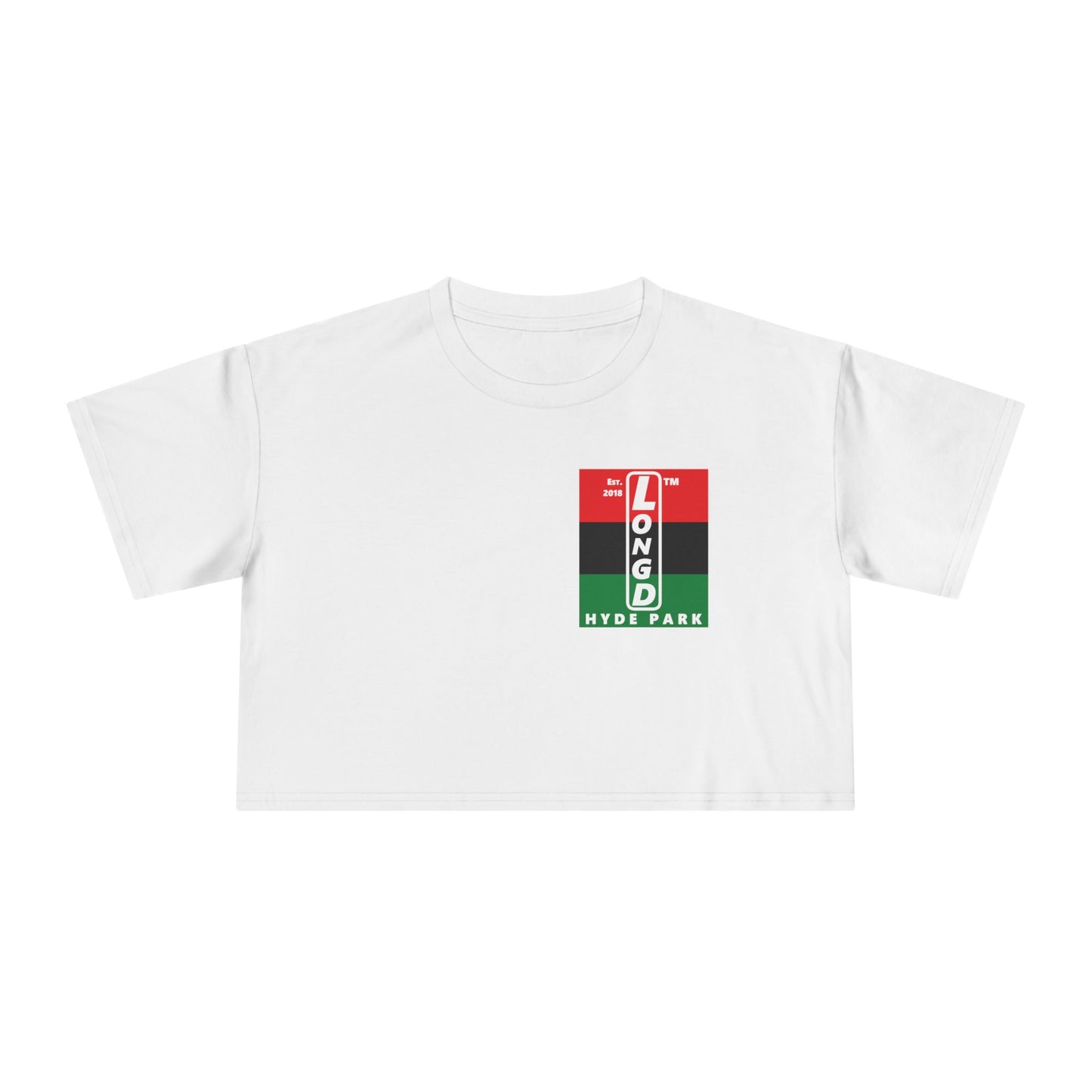 Negative horizontal 3-striped upright single-breasted Hyde Park logo crop tee (Juneteenth colors)