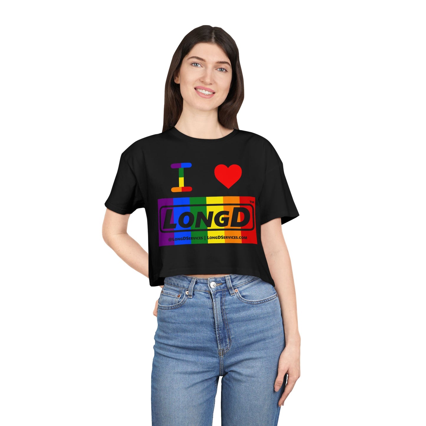 I Luv LongD Logo Women's Crop Tee (Pride color rainbow negative logo)