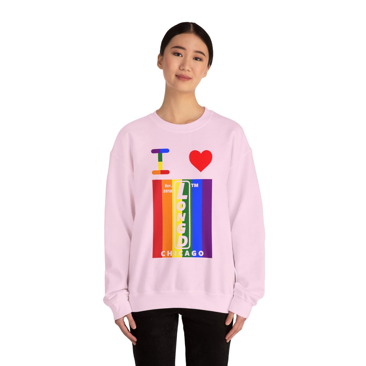 I Luv LongD negative vertical 6-striped Chicago upright logo crewneck sweatshirt