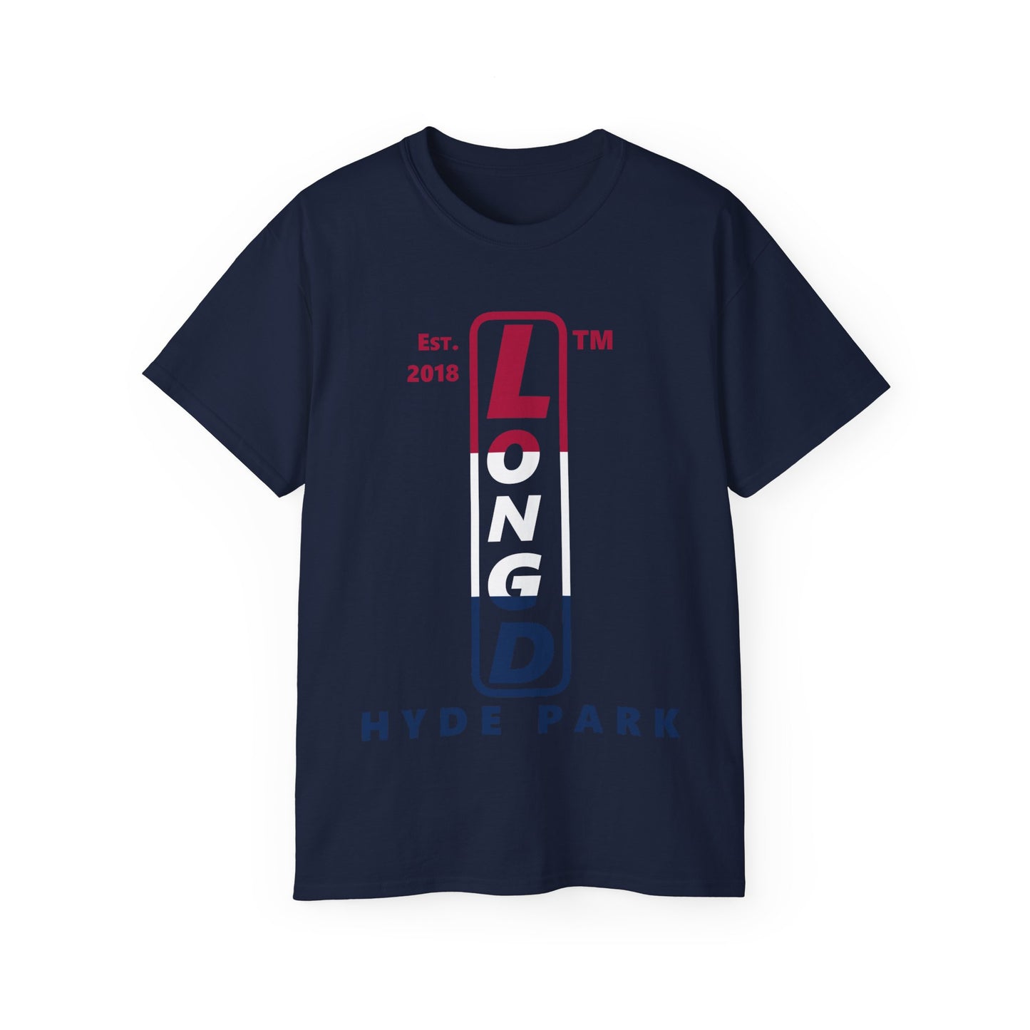 LongD cotton tee positive horizontal 3-striped Hyde Park upright logo (Patriotic colors)