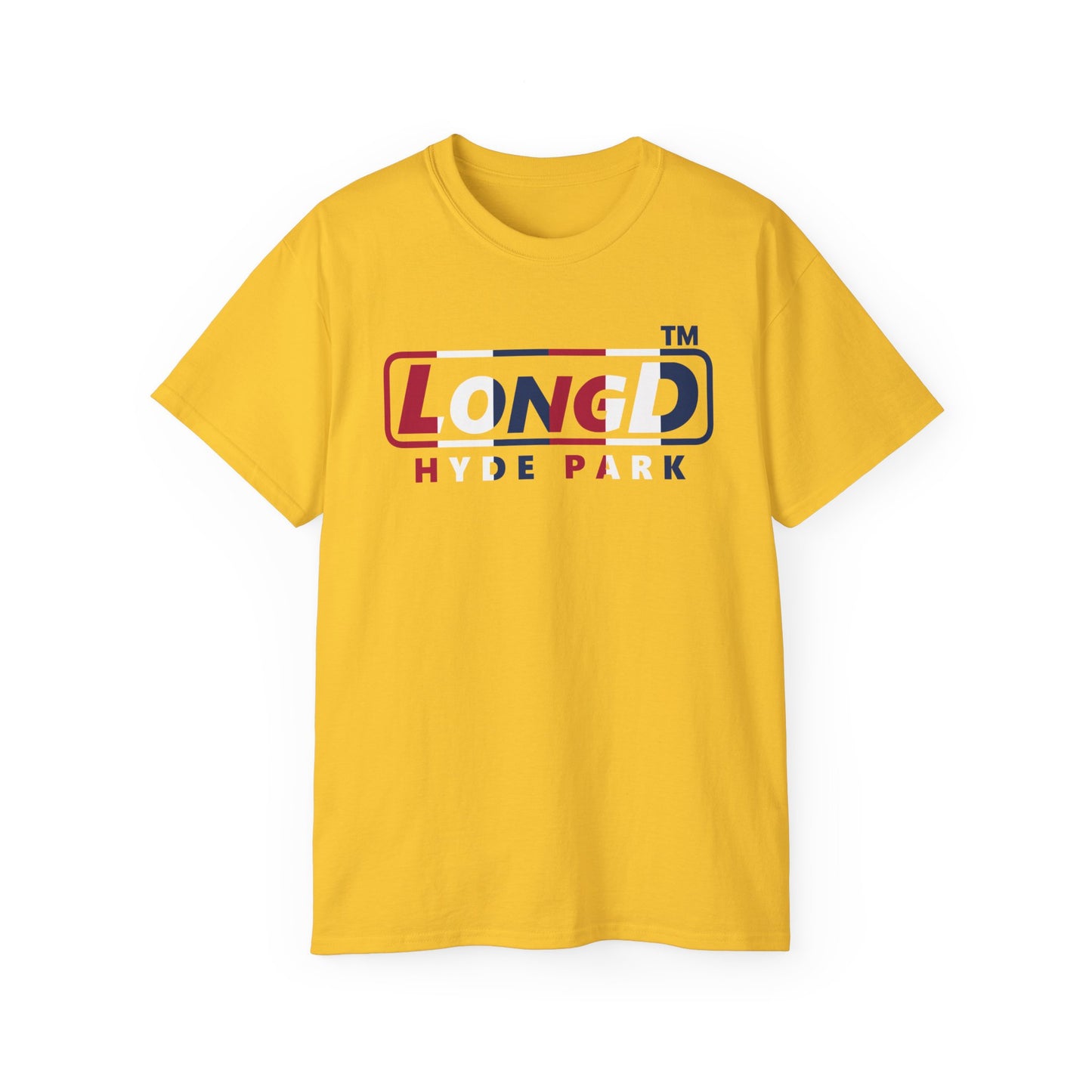 LongD positive vertical 6-striped Hyde Park logo cotton tee (patriotic colors)
