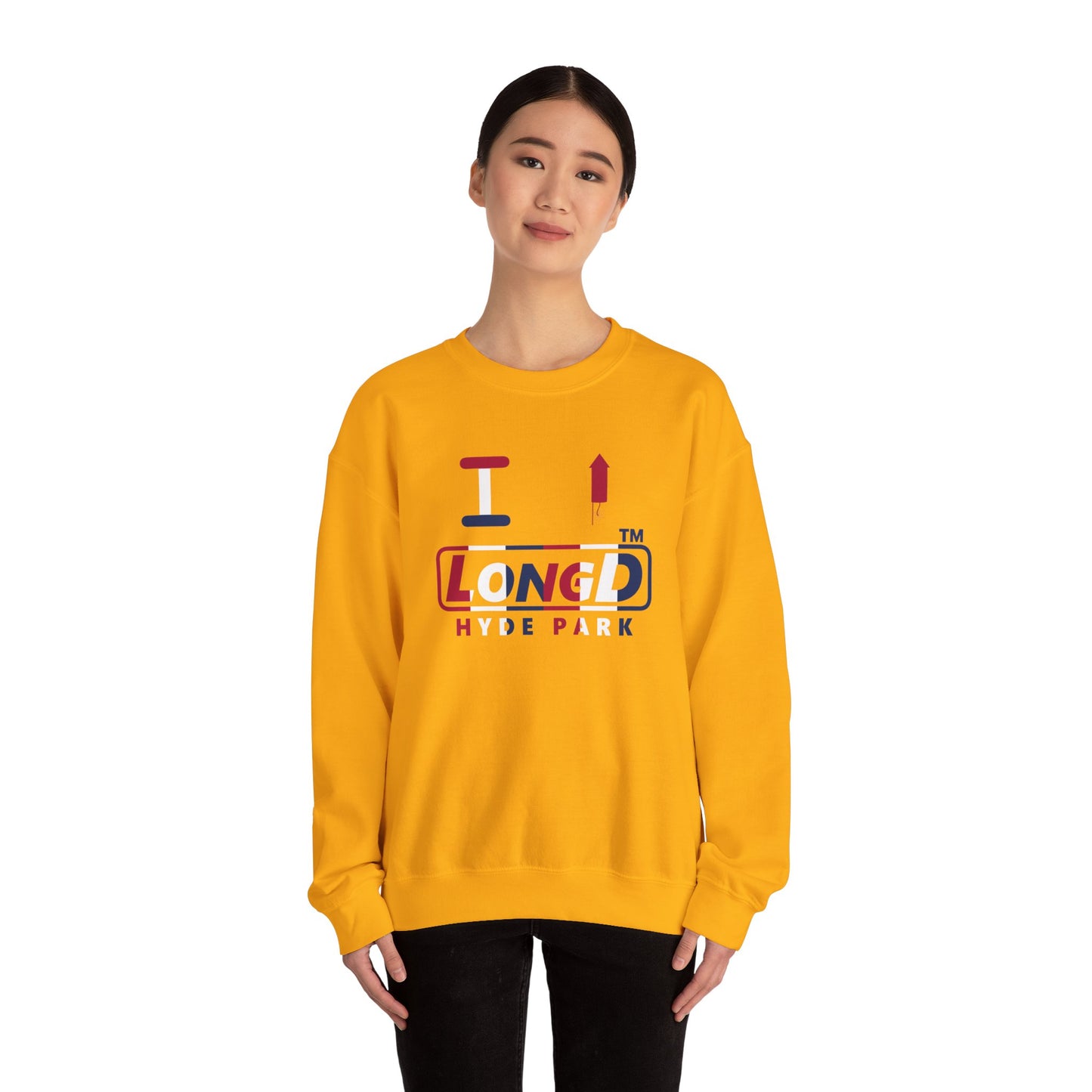 I firecracker LongD positive vertical 6-striped Hyde Park logo crewneck sweatshirt