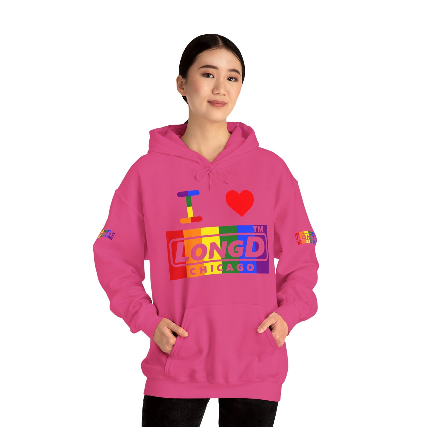I Luv LongD® negative vertical striped 4-print Chicago logo hoodie (Pride colors)