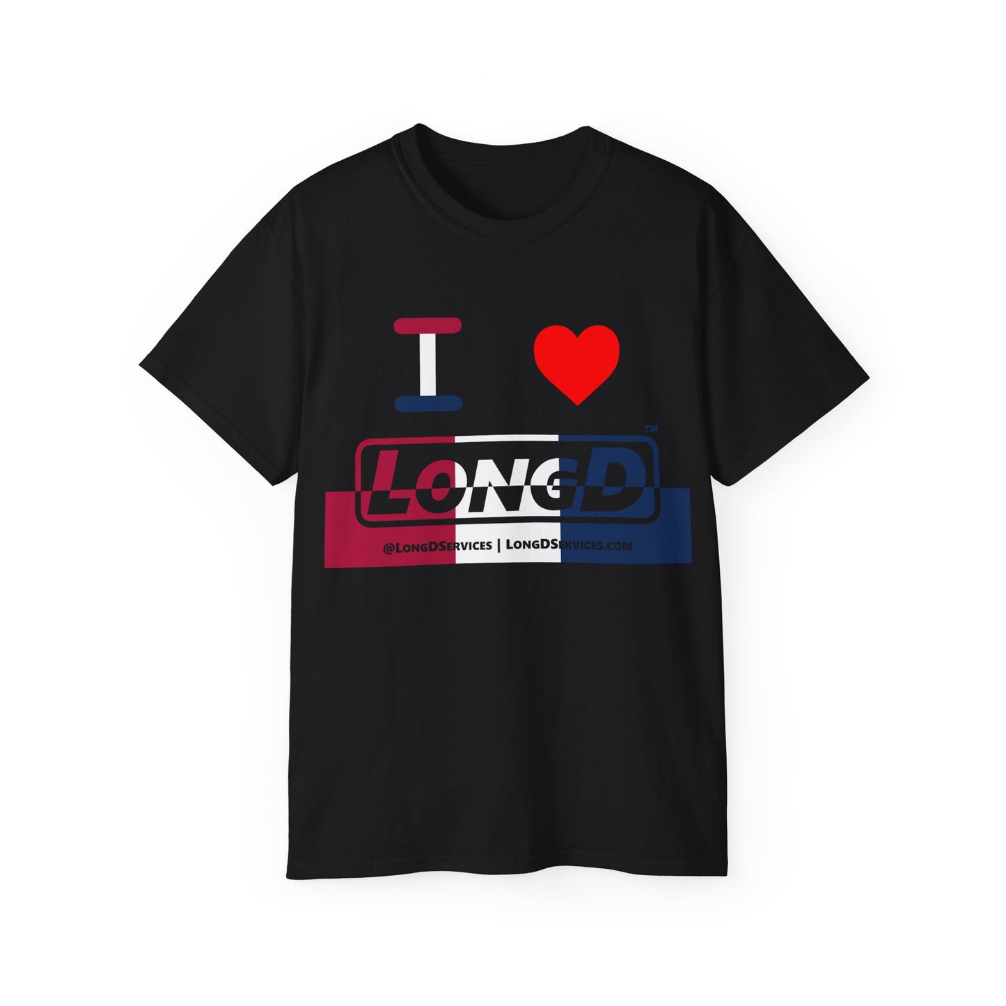 I Luv LongD® Logo Cotton Tee Red, White and Blue positive top negative bottom split thirds text