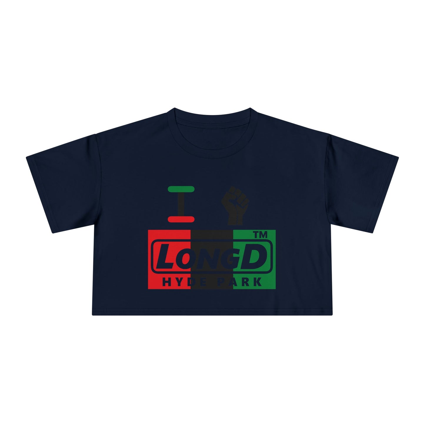 I fist LongD negative vertical 3-striped Hyde Park logo crop tee