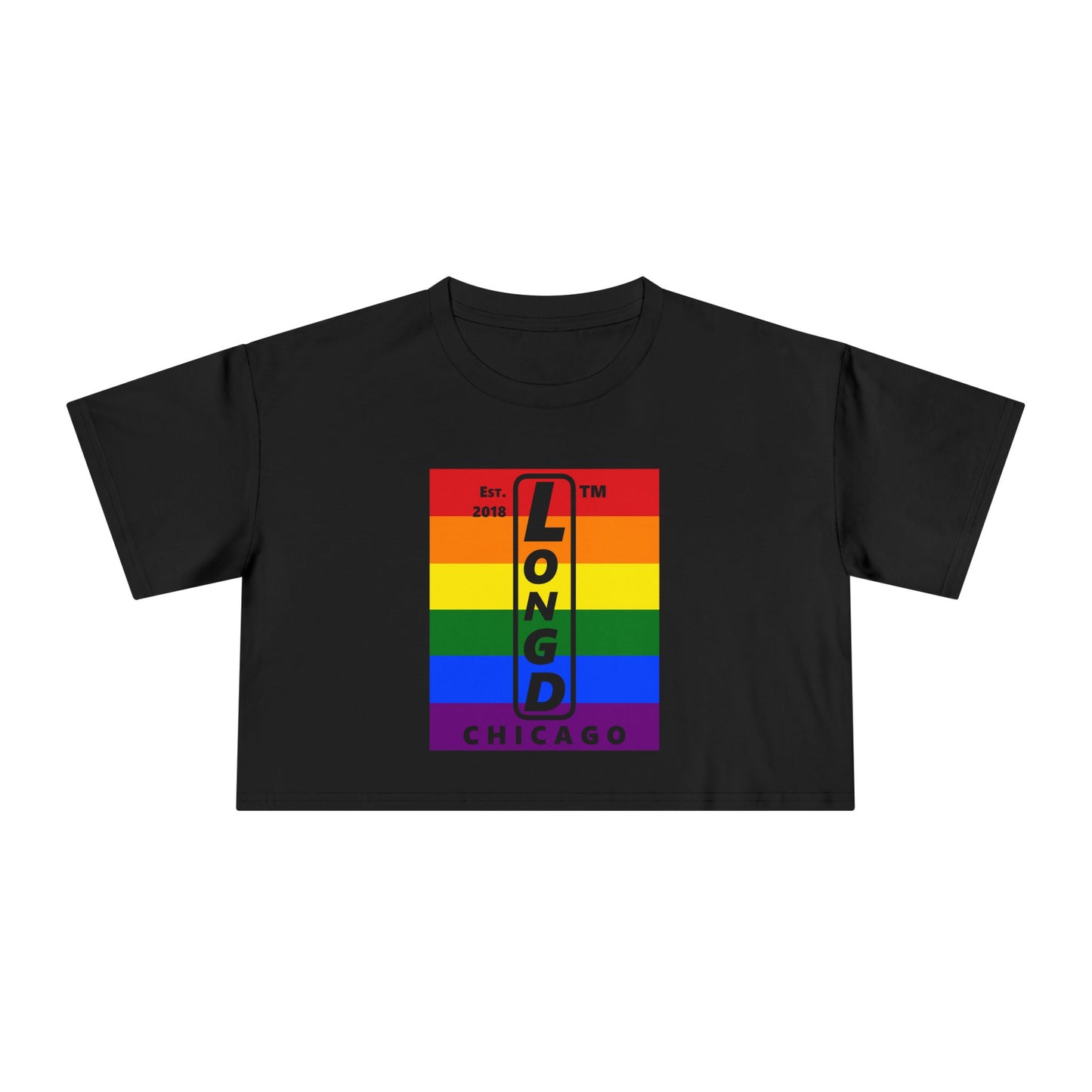 Mixed horizontal 6-striped upright front-back Chicago logo crop tee (Pride colors)