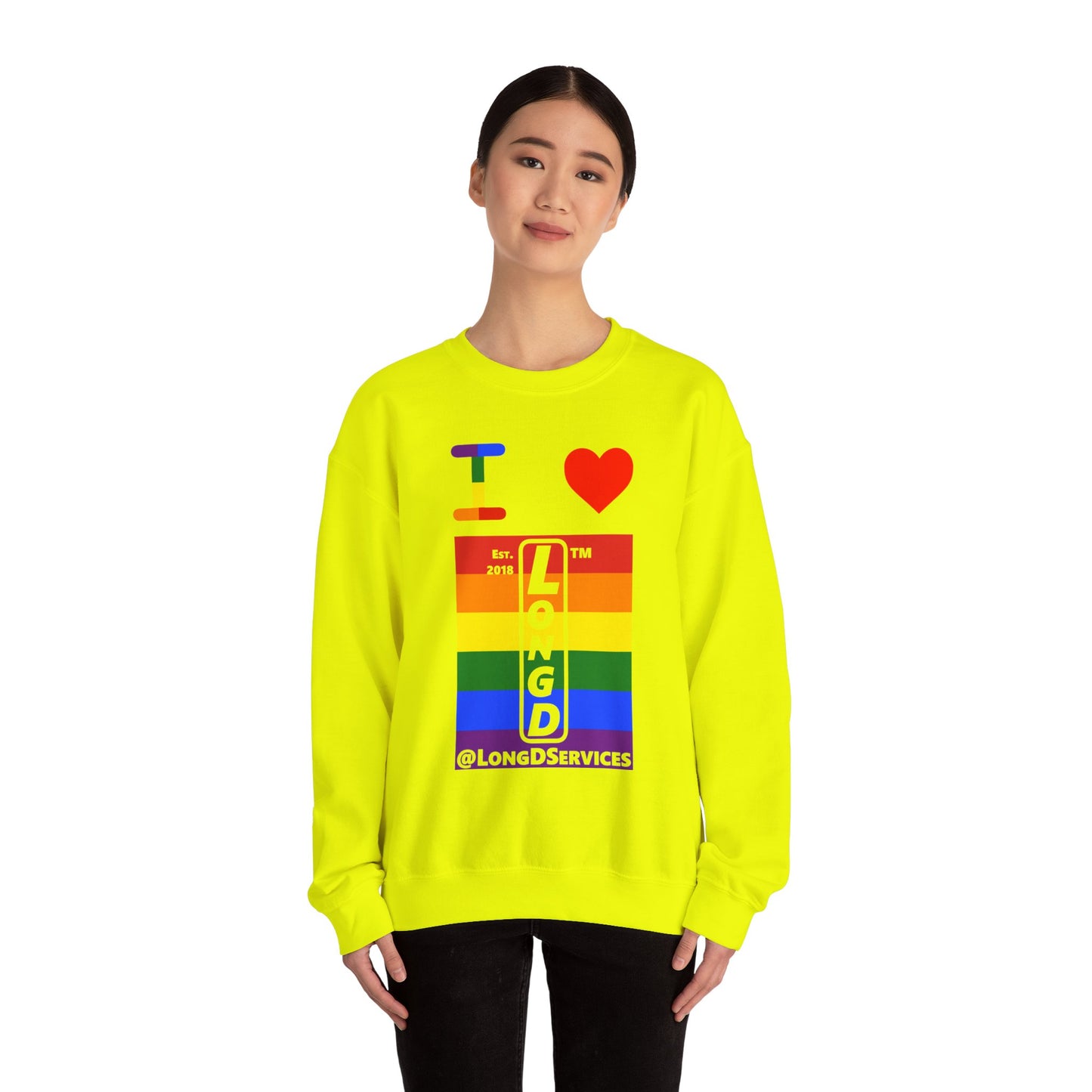 I Luv LongD negative horizontal 6-striped tag upright logo crewneck sweatshirt