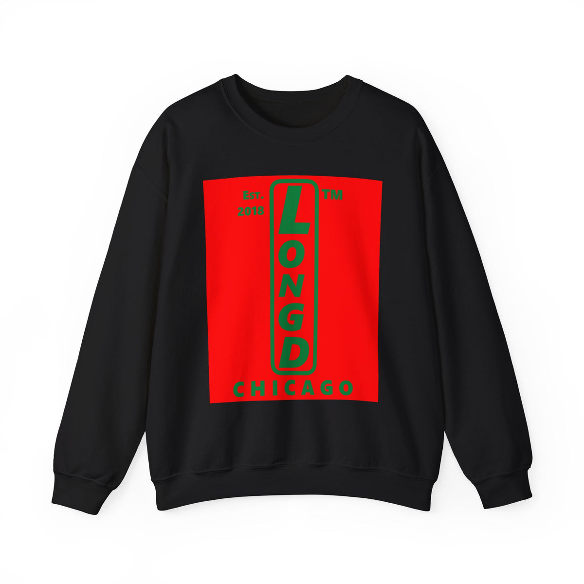 LongD Chicago upright logo positive green on negative red (Xmas colors) crewneck sweatshirt