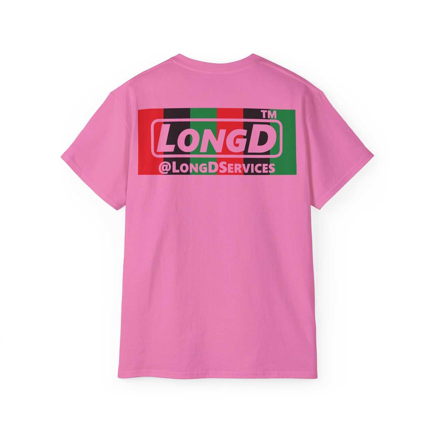 LongD negative vertical 6-striped Chicago logo front-back cotton tee (Juneteenth colors)