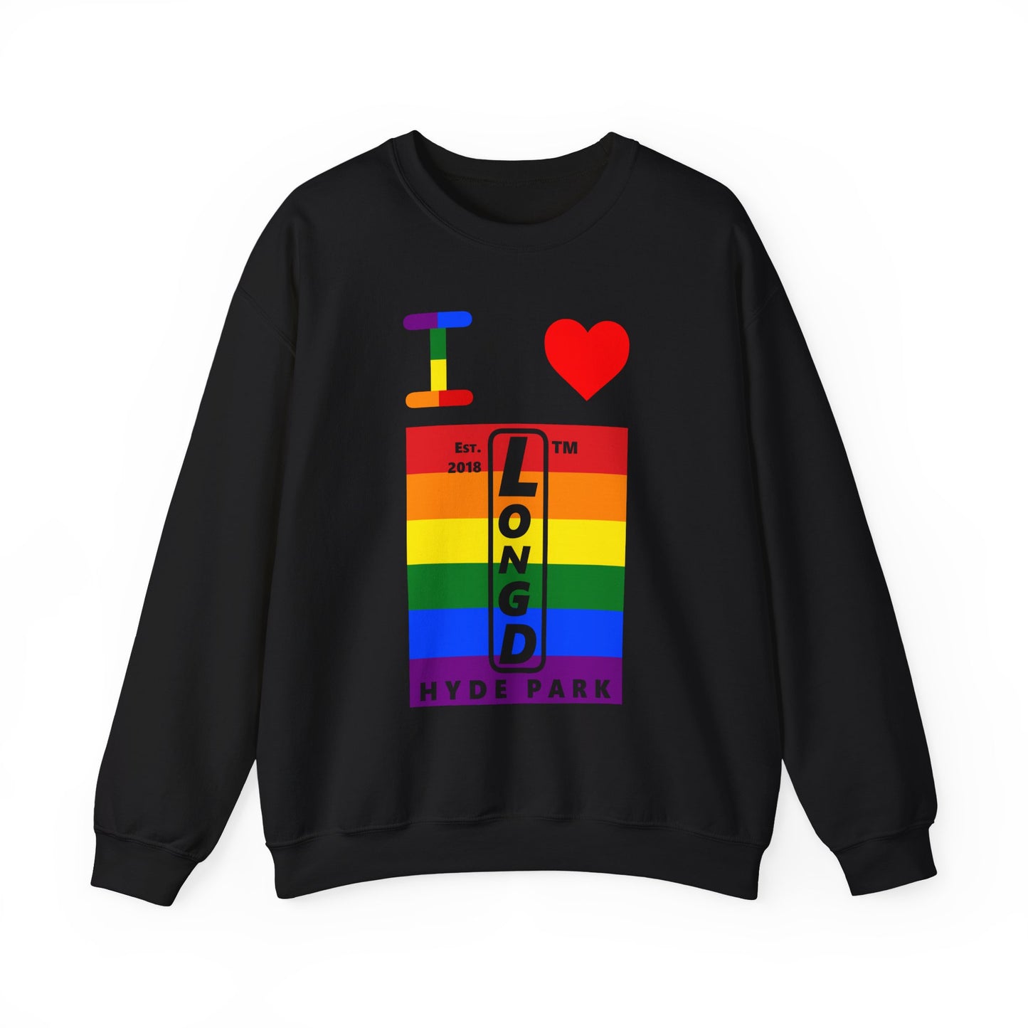 I Luv LongD negative horizontal 6-striped Hyde Park upright logo crewneck sweatshirt