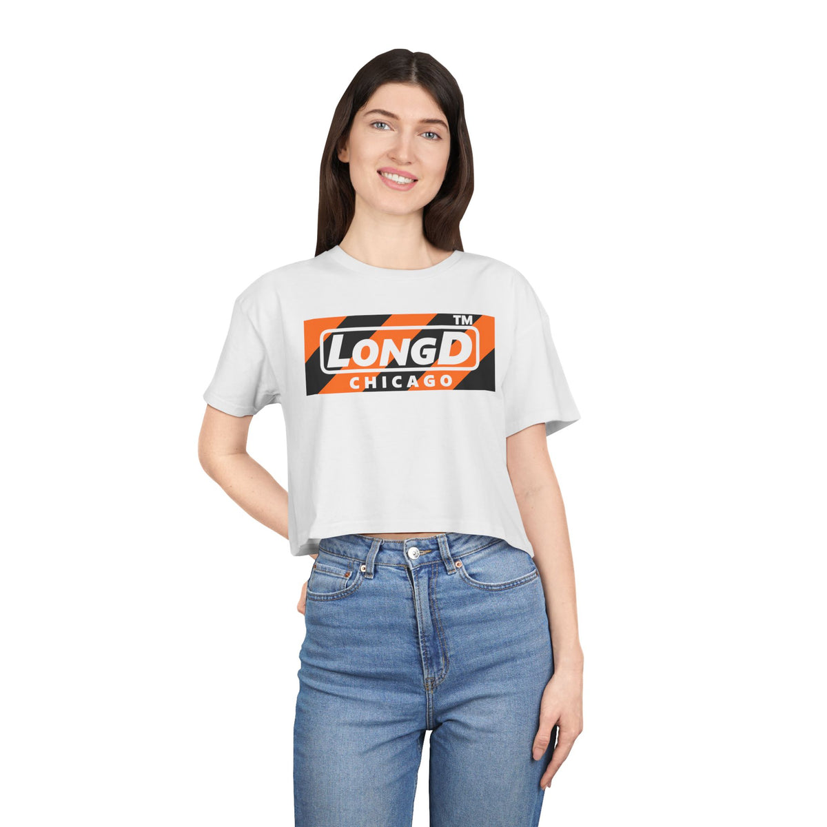 LongD Chicago negative diagonal 6-striped front-back logo (Halloween colors) crop tee