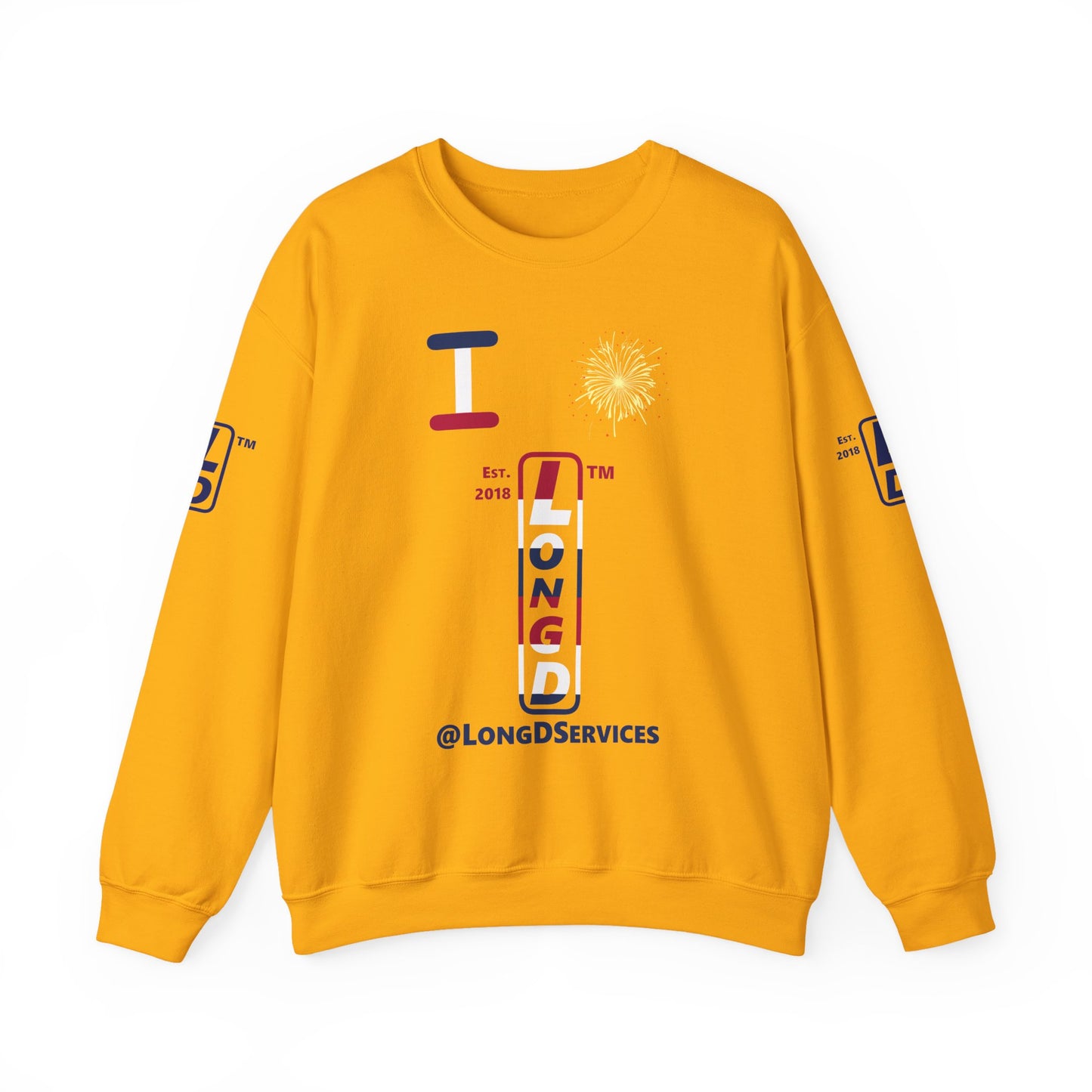 I Burst LongD positive horizontal 6-striped tag upright 4-print logo crewneck sweatshirt