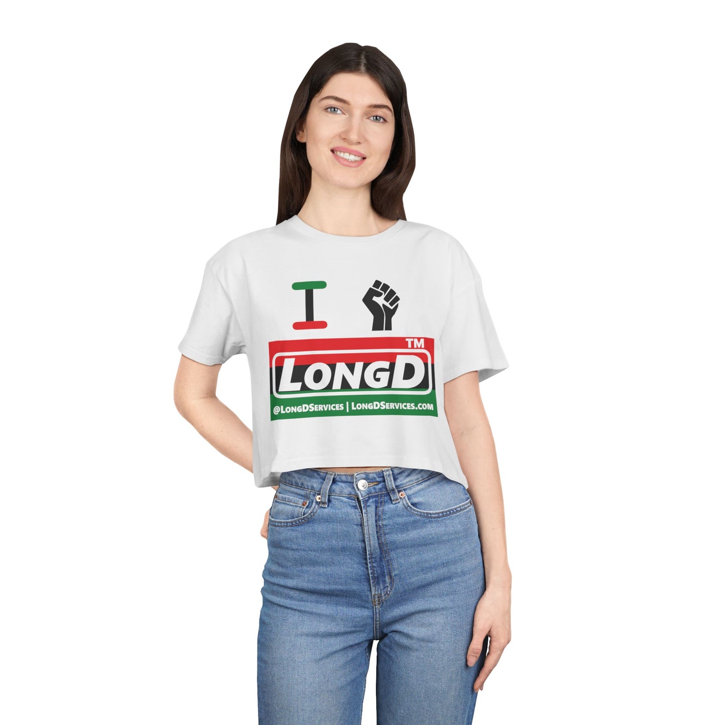 I fist LongD negative horizontal 3-striped tag-domain logo crop tee