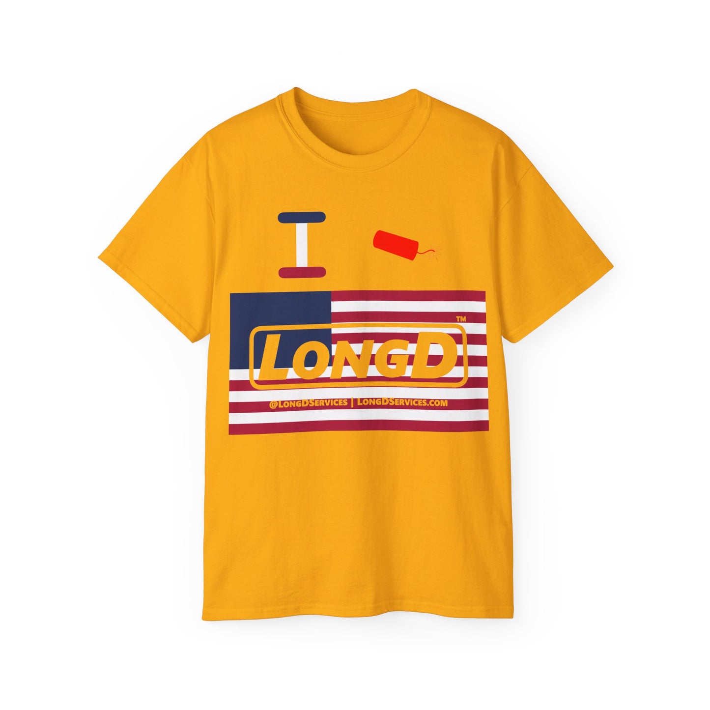 I Firecracker LongD® Logo Cotton Tee Red, White and Blue negative flag text