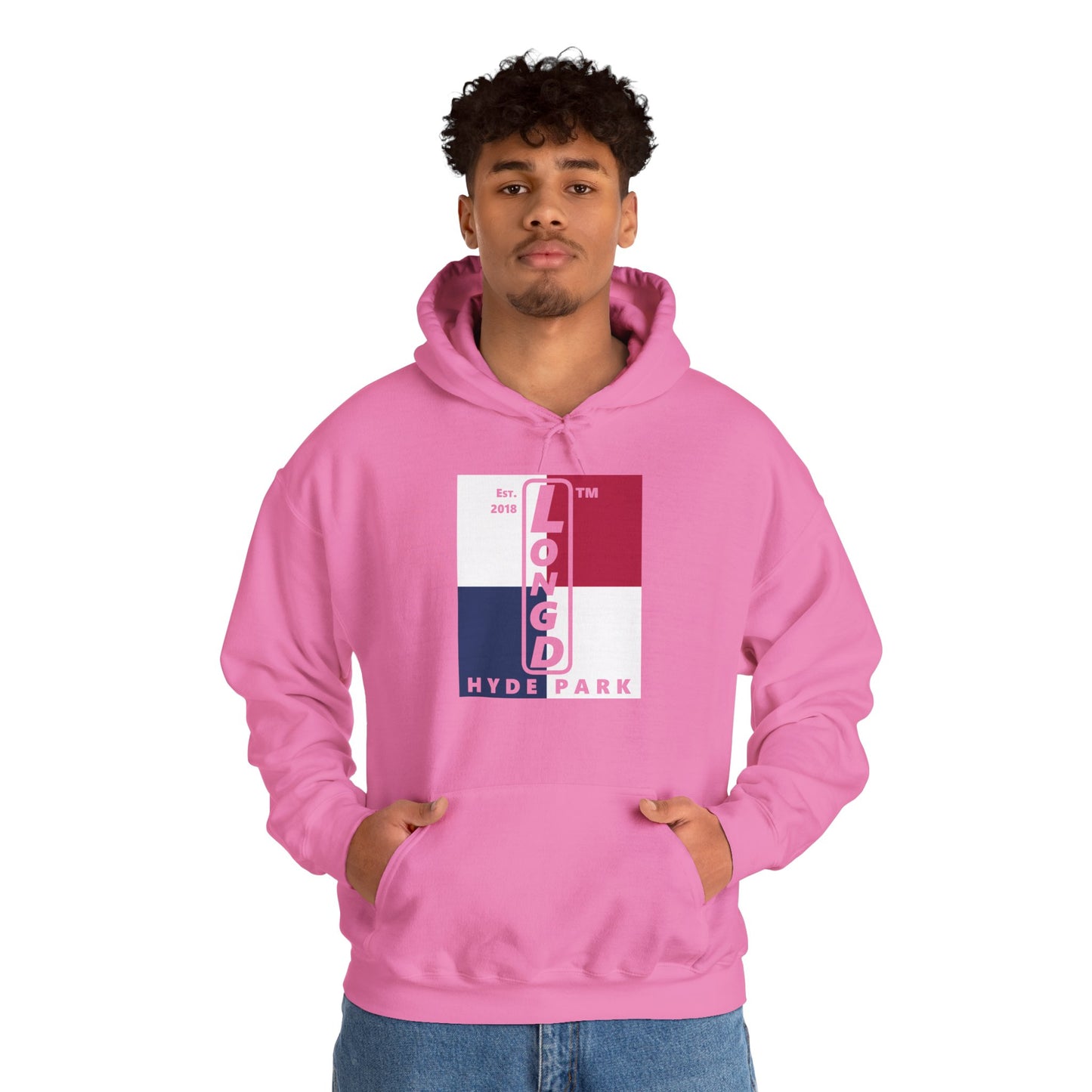 LongD® negative quarters upright Hyde Park logo hoodie (Patriotic colors)