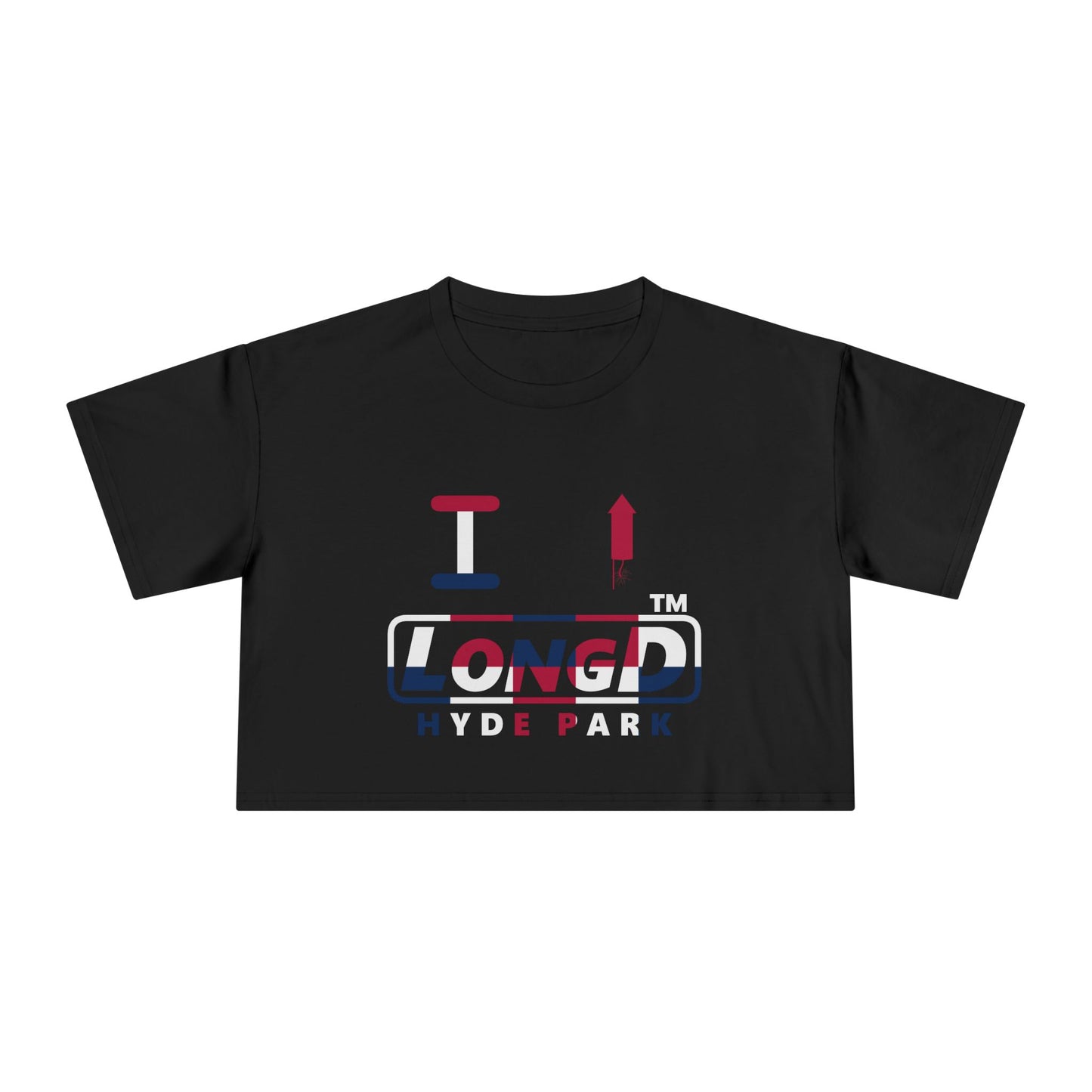 I firecracker LongD positive 2x5 double-breasted front-back Hyde Park Logo Crop Tee (Patriotic colors)