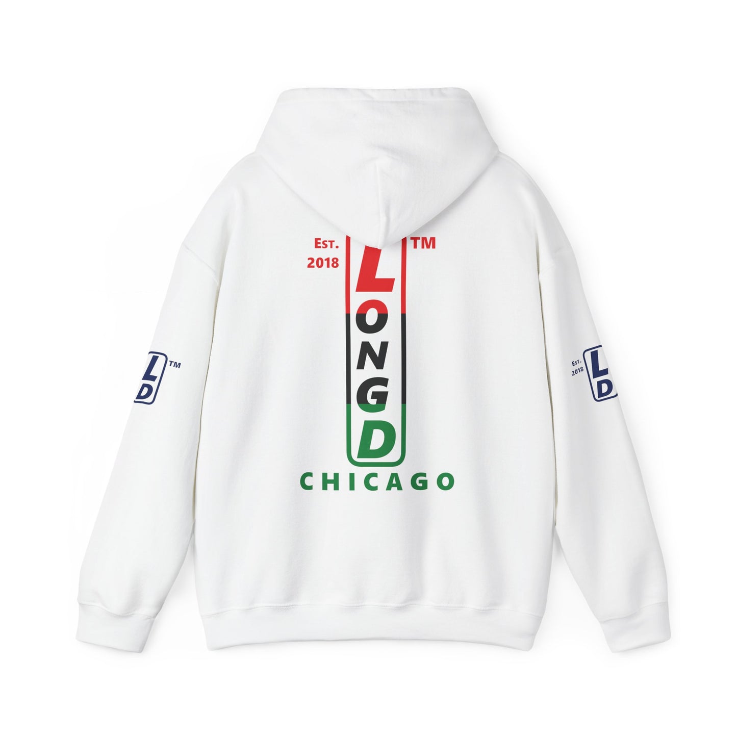 LongD® positive horizontal 3-striped Chicago 4-print upright logo hoodie (Juneteenth colors)