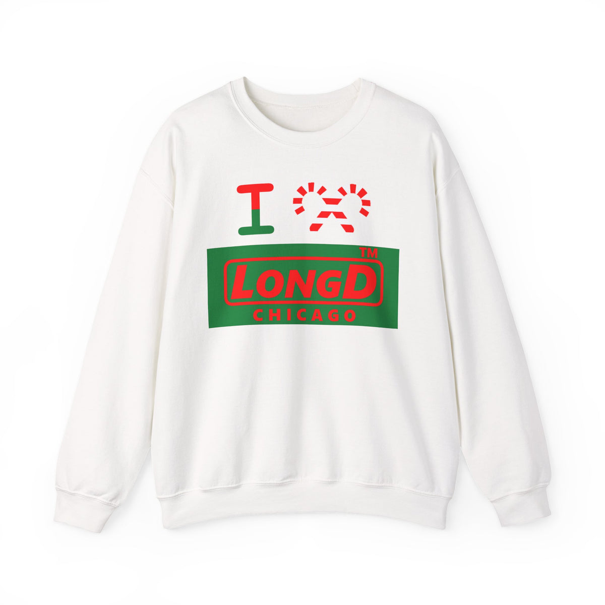 I candy cane LongD Chicago logo positive red on negative green crewneck sweatshirt