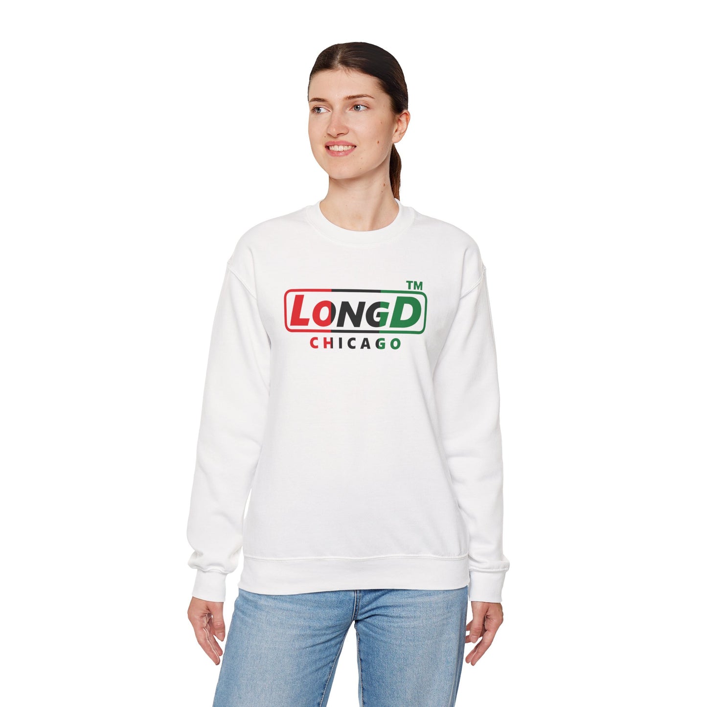 LongD positive vertical 3-striped Chicago logo crewneck sweatshirt (Juneteenth colors)