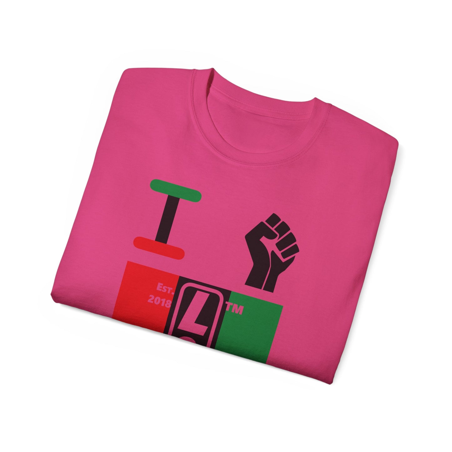 I fist LongD Cotton Tee negative vertical striped Hyde Park upright logo (Juneteenth colors)