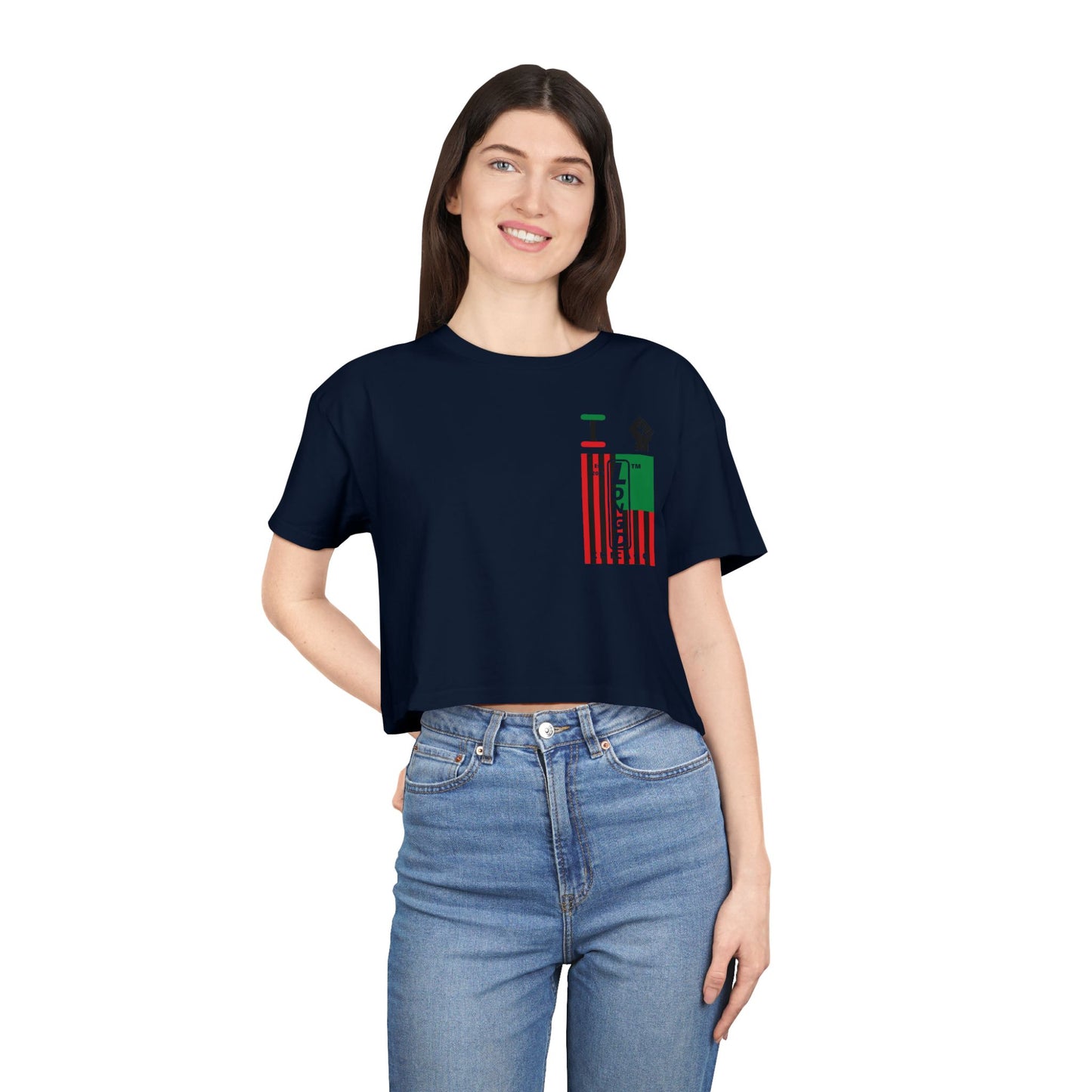 I fist LongD negative flag upright single-breasted Chicago logo crop tee (Juneteenth colors)