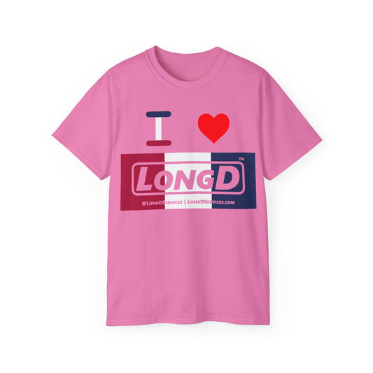 I Luv LongD® Logo Cotton Tee Red, White and Blue negative thirds text